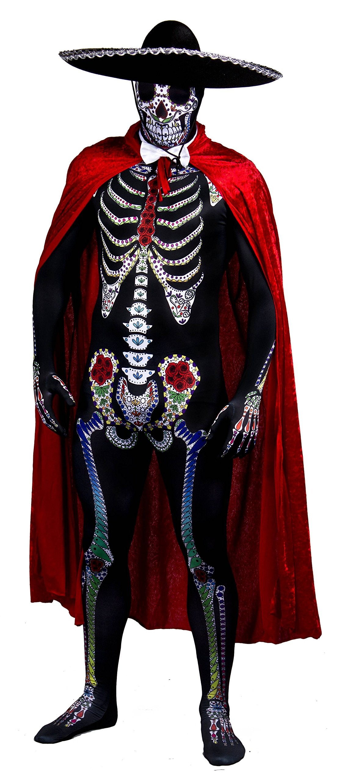 DAY OF THE DEAD SUGAR SKULL SKELETON SKIN SUIT HALLOWEEN FANCY DRESS COSTUME - WITH LARGE DELUXE BLACK FELT SOMBRERO + WHITE SATIN BOWTIE + RED VELOUR CAPE DIA DE LOS MUERTOS MEXICAN - XXLARGE