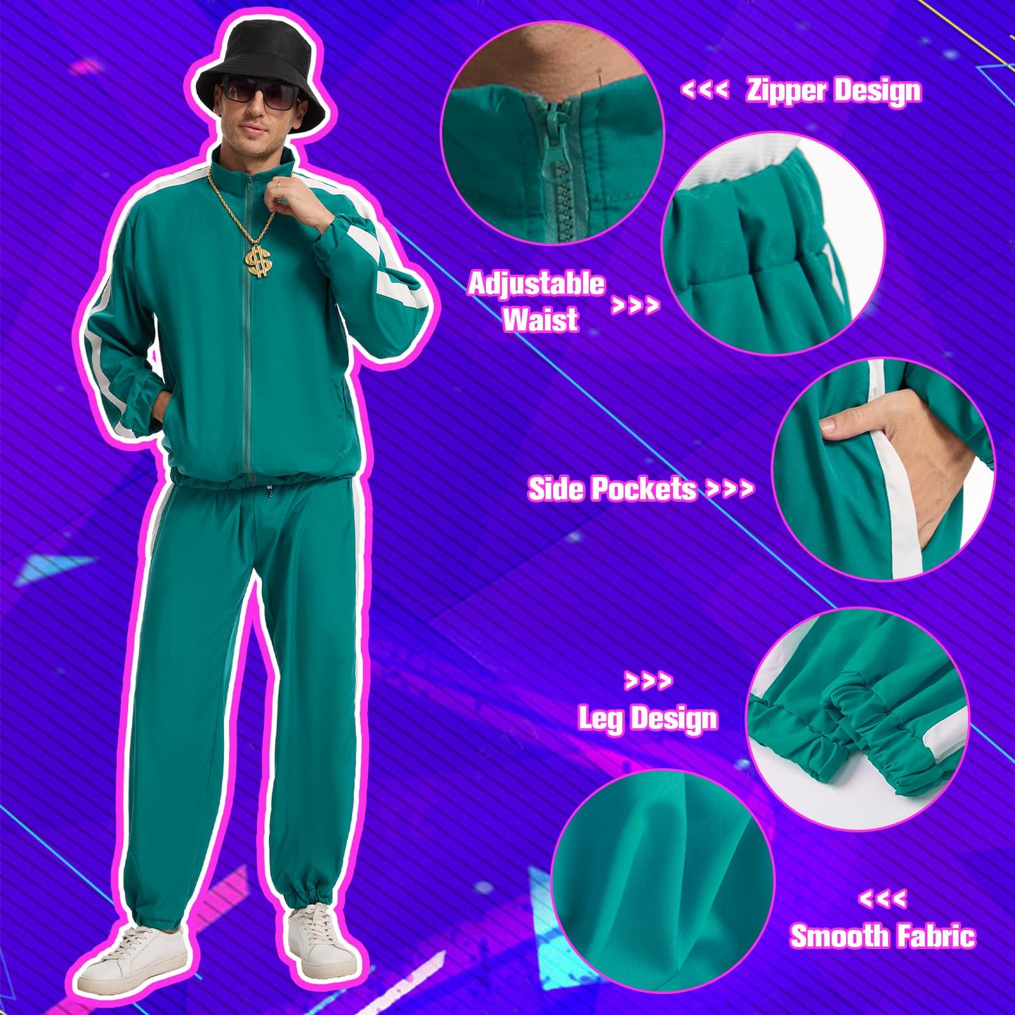 JDFAIJEAL Hiphop Costume Set for Men – Black Tracksuit with Hat, Glasses, Gold Round Necklace, Fanny Pack & Boombox Balloon – Hip Hop Outfit for Party, Halloween, Cosplay (Green, XXXL)