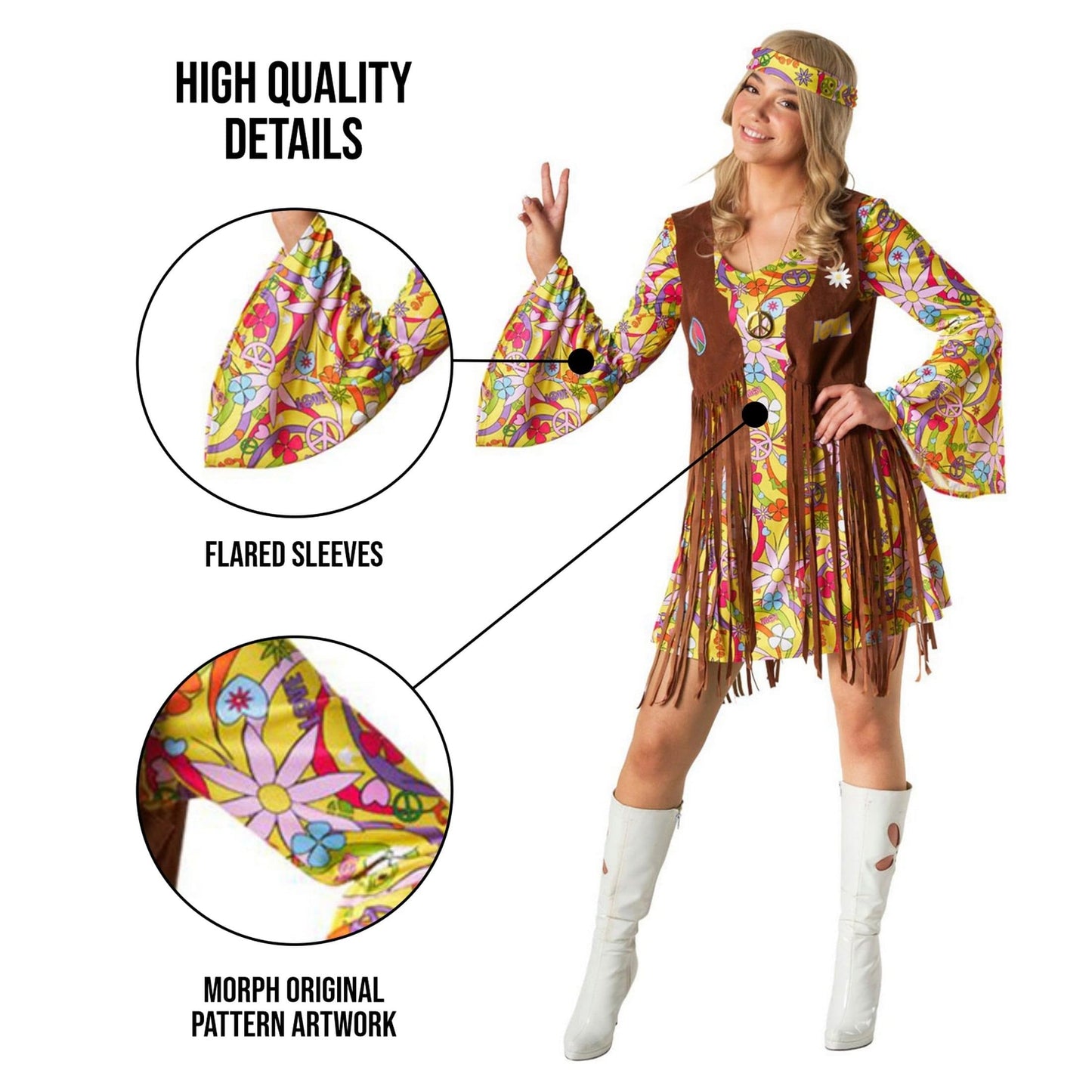 Morph Women's 70s Hippie Costume Yellow Dress With Separate Faux-Suede Vest And Headtie, Adult, Female, Plus Size, Halloween, Carnival
