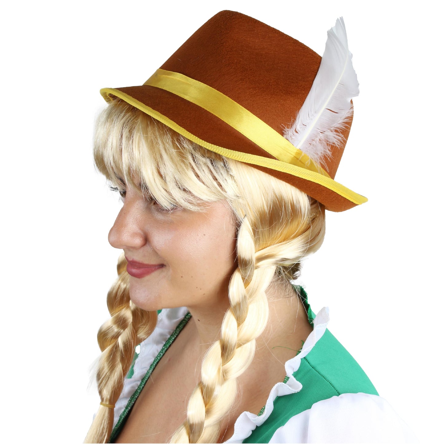 ladies Oktoberfest Bavarian Wig and Hat Set - Brown & Yellow Bavarian Hat and Blonde Plait Wig - Adults Oktoberfest Fancy Dress Accessory Set