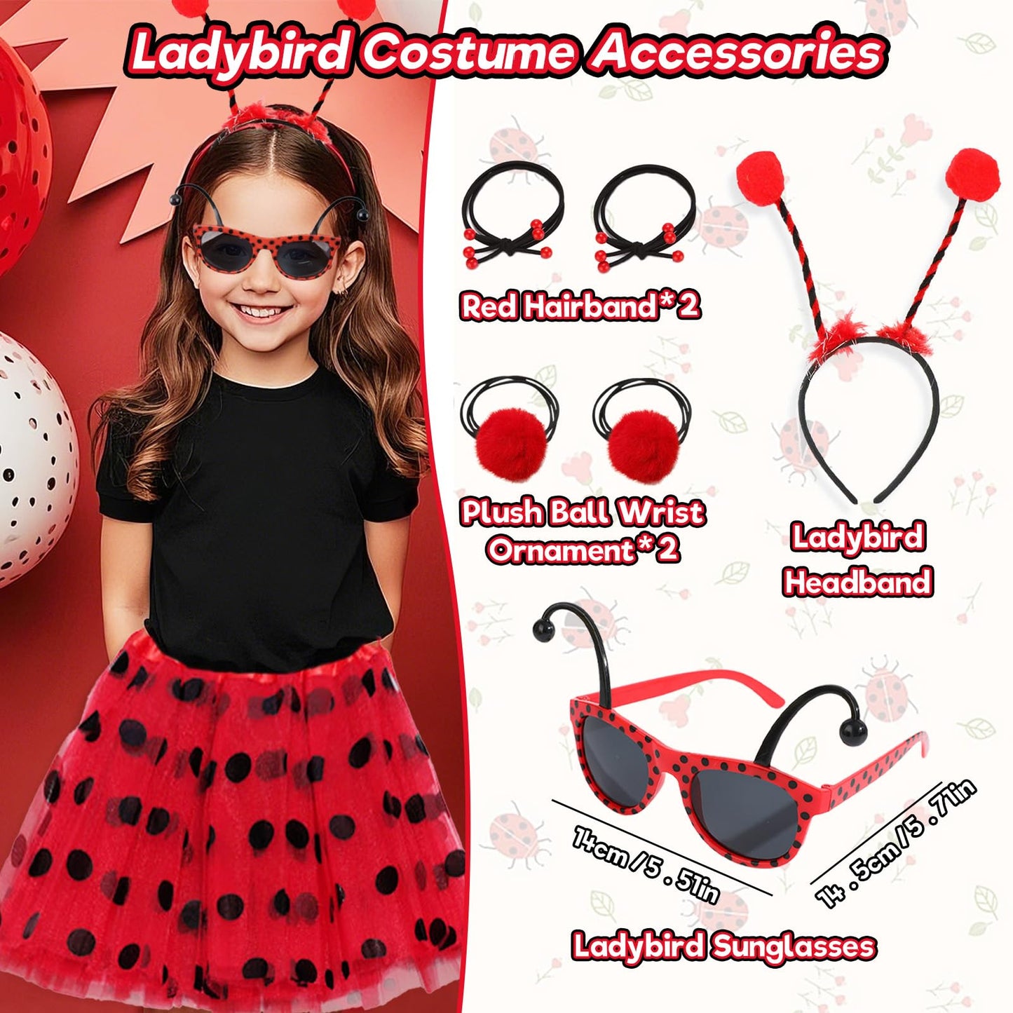 9 Pcs Ladybird Costume Kids, Spotty Tutu for Girls Fancy Dress, Animal costume Kids with Accessories, Party Outfit Performance Costume Sets, Halloween World Book Day Costumes for Girls Cosplay