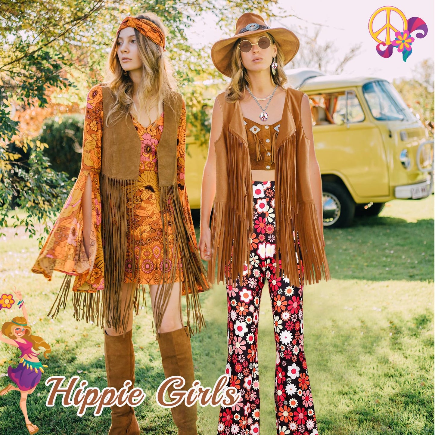 UxClishe 8 Pcs Hippie Costume Set for Women, 60s 70s Hippiy Fancy Dress Outfit Hippie Dress Up with Headband Fringe Vest-XL