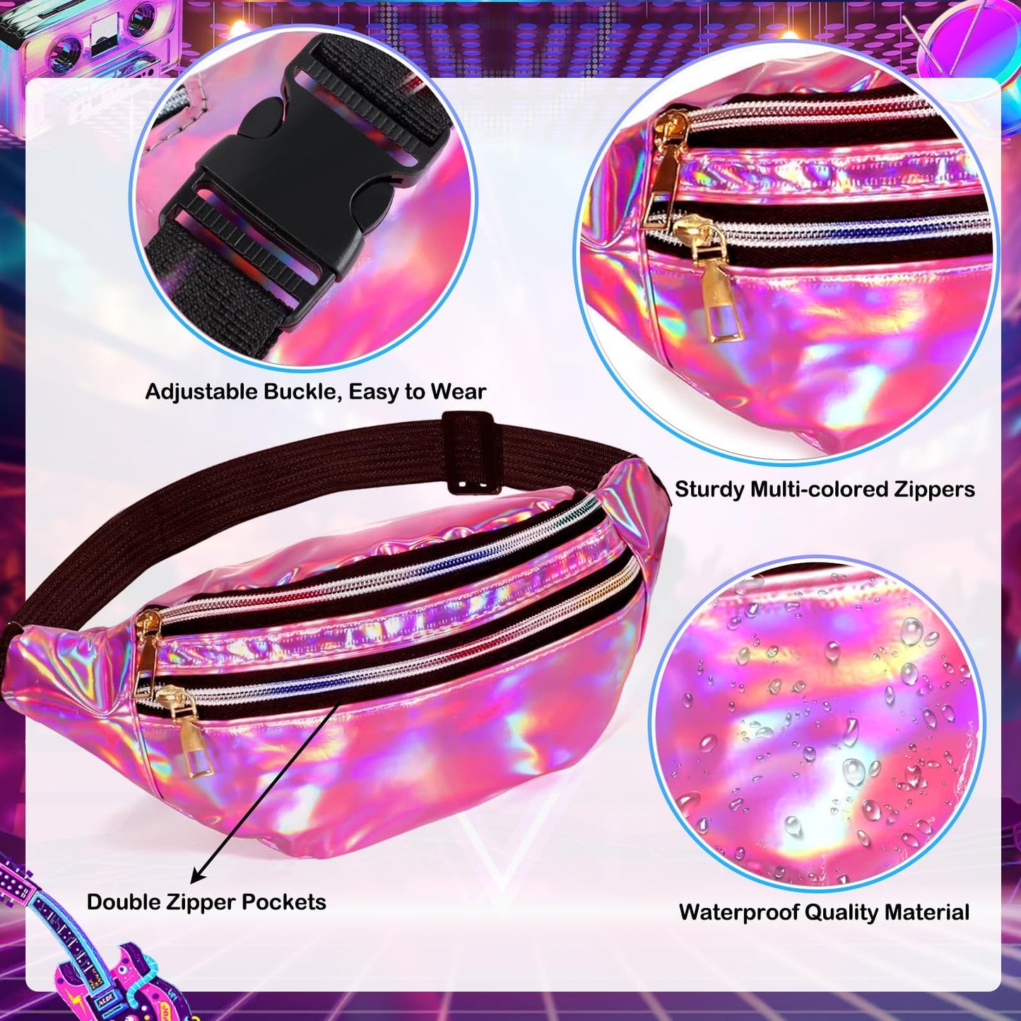 80s Fancy Dress for Women Neon Pink Outfit Set - 1980s Mesh Top Holographic Bum Bag Leg Warmers Fishnet Gloves Glasses Jewellery Ladies Retro Disco Hen Party Festival Costume Accessories (Rose Red)