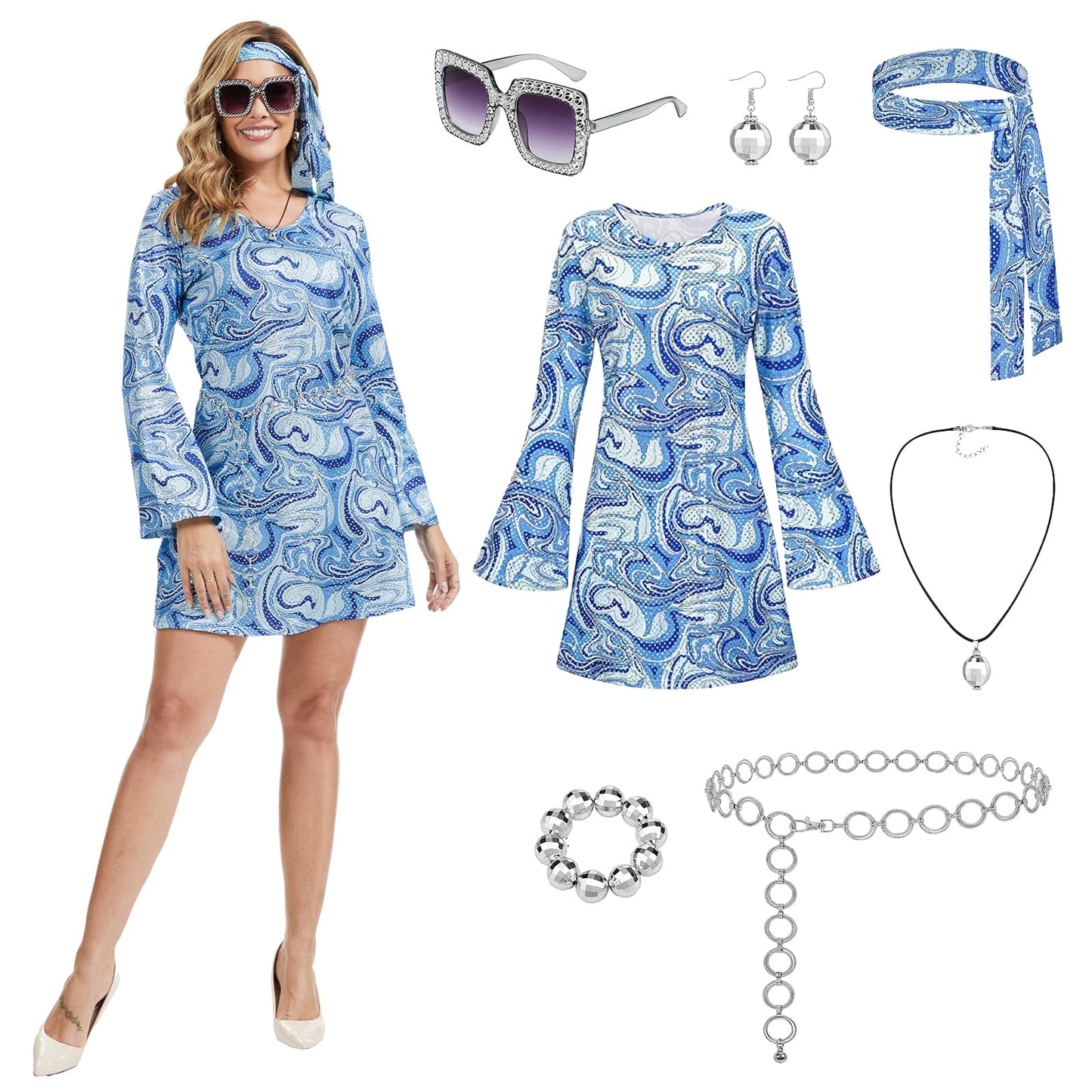 Women's 70s Disco Dress with Geometric Sequins - Scarf & 5-Piece