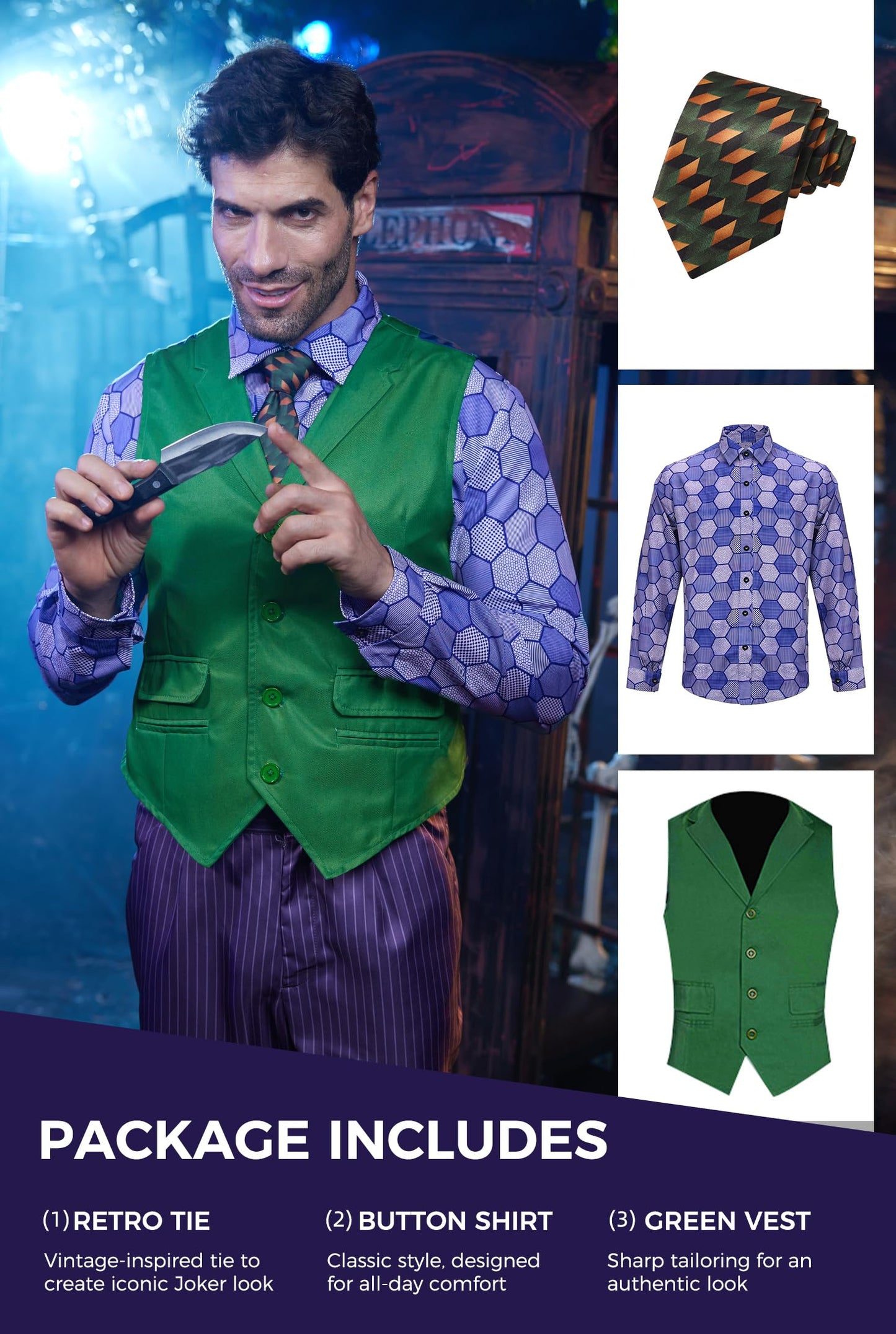 Mainfini Mens Joker Costumes Halloween Theme Party Funny Classic Dark Horror Knight Movie Cosplay Regular Fit Novelty Purper Graphic Shirt Green wasitcoat Tie Suit Outfit Adult 3 Piece Set M