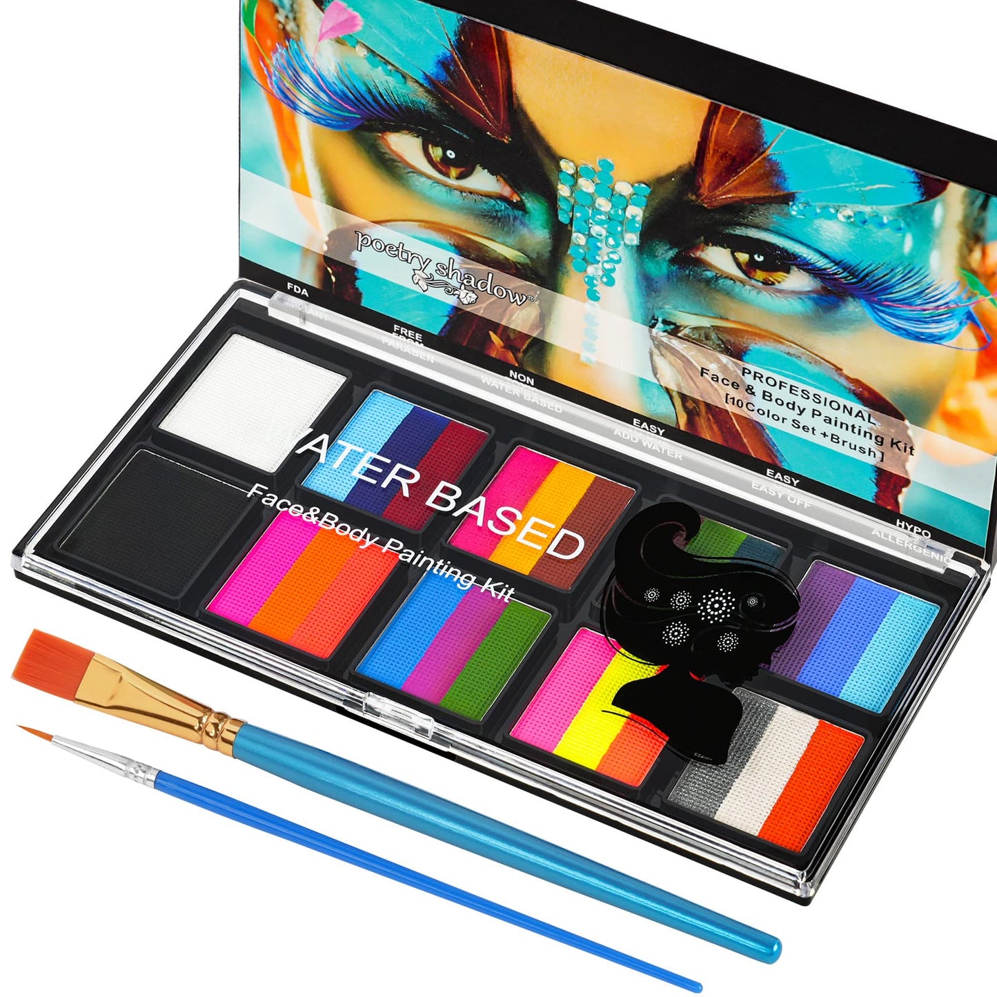 LOPHE Face Body Painting Kit, 26 Colors Rainbow Body Paint for Kids Adults, Safe & Non-Toxic Water Based Split Cake Face Paint Palette with 2 Brushes, Party Makeup Set for Halloween Christmas Cosplay