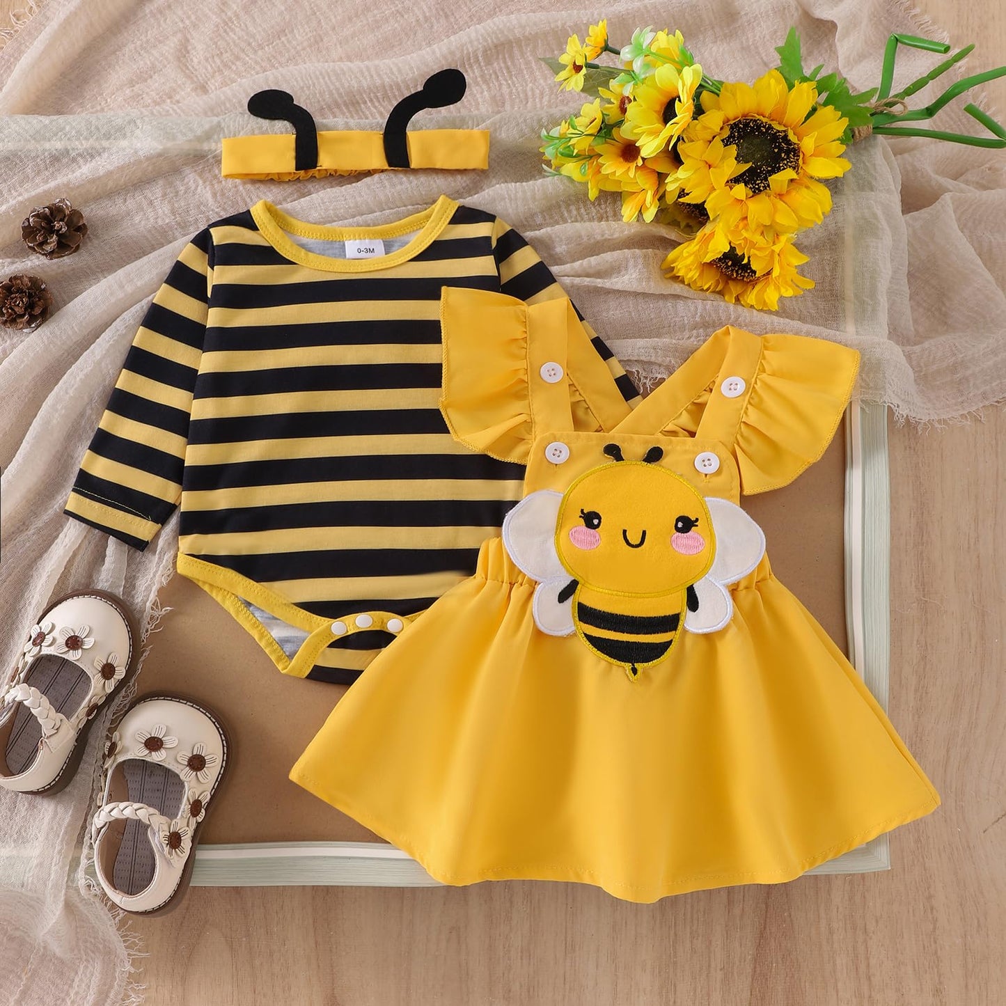 CocMouse Infant Girl Fall Outfits Baby Girl Romper Cartoon Bee Ruffle Suspender Skirt Bow Headband 3 Pcs Set 0-18 Months (Yellow, 0-3 Months)
