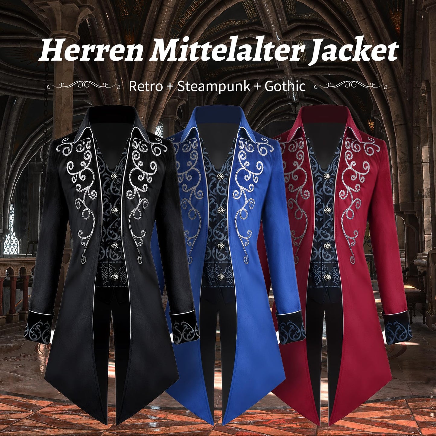 KGIHPC Men's Steampunk Vintage Tailcoat Jacket Medieval Gothic Victorian Frock Uniform Halloween Costume (UK, Alpha, XL, Regular, Regular, Black)