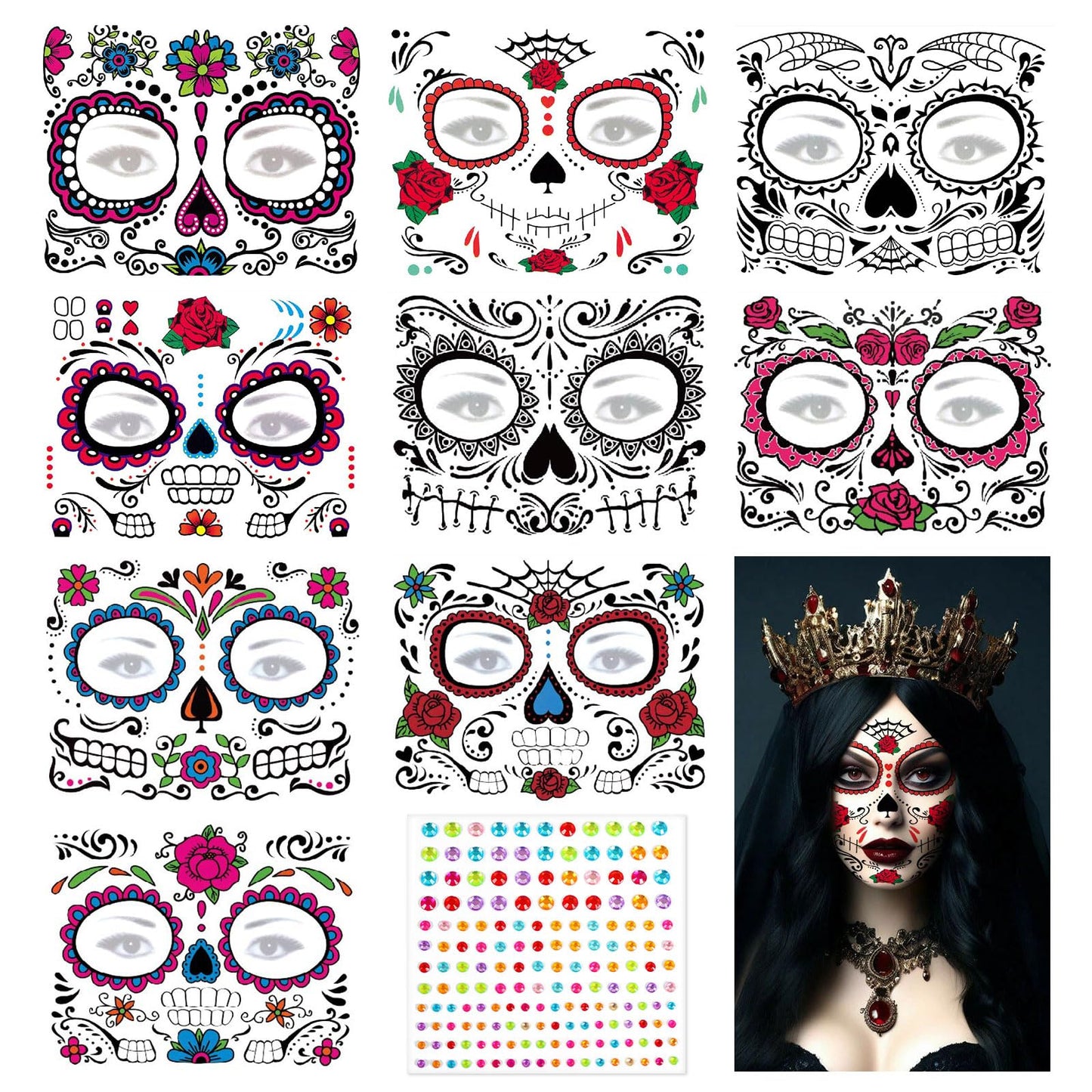 iwiio Day of the Dead Face Tattoos, 9pcs Temporary Stickers - Skeleton, Web, Red Rose Designs for Adults & Kids Halloween Masquerade Party