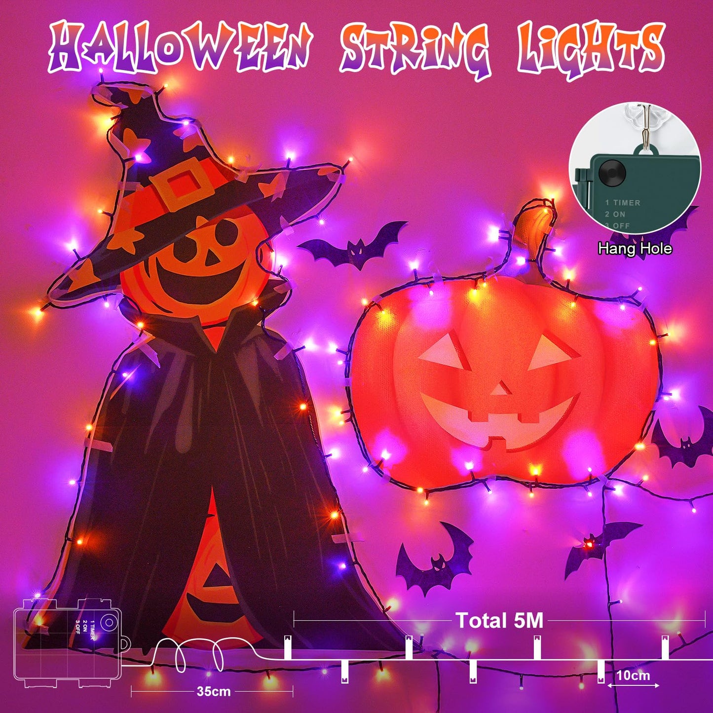 Gcstnn Halloween Decorations Fairy Lights, 16.4FT 50LED Orange-Purple String Lights IP65 Waterproof Battery Operated with 6h Timer, for Halloween,Porch,Autumn,Window,Fall Decoration
