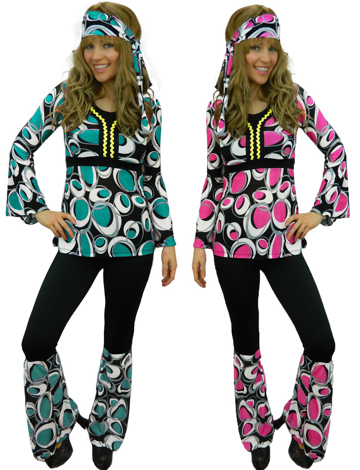 Yummy Bee Hippie Costume for Women - 60s 70s Flower Power Fancy Dress - Plus Size (Turquoise, 18)