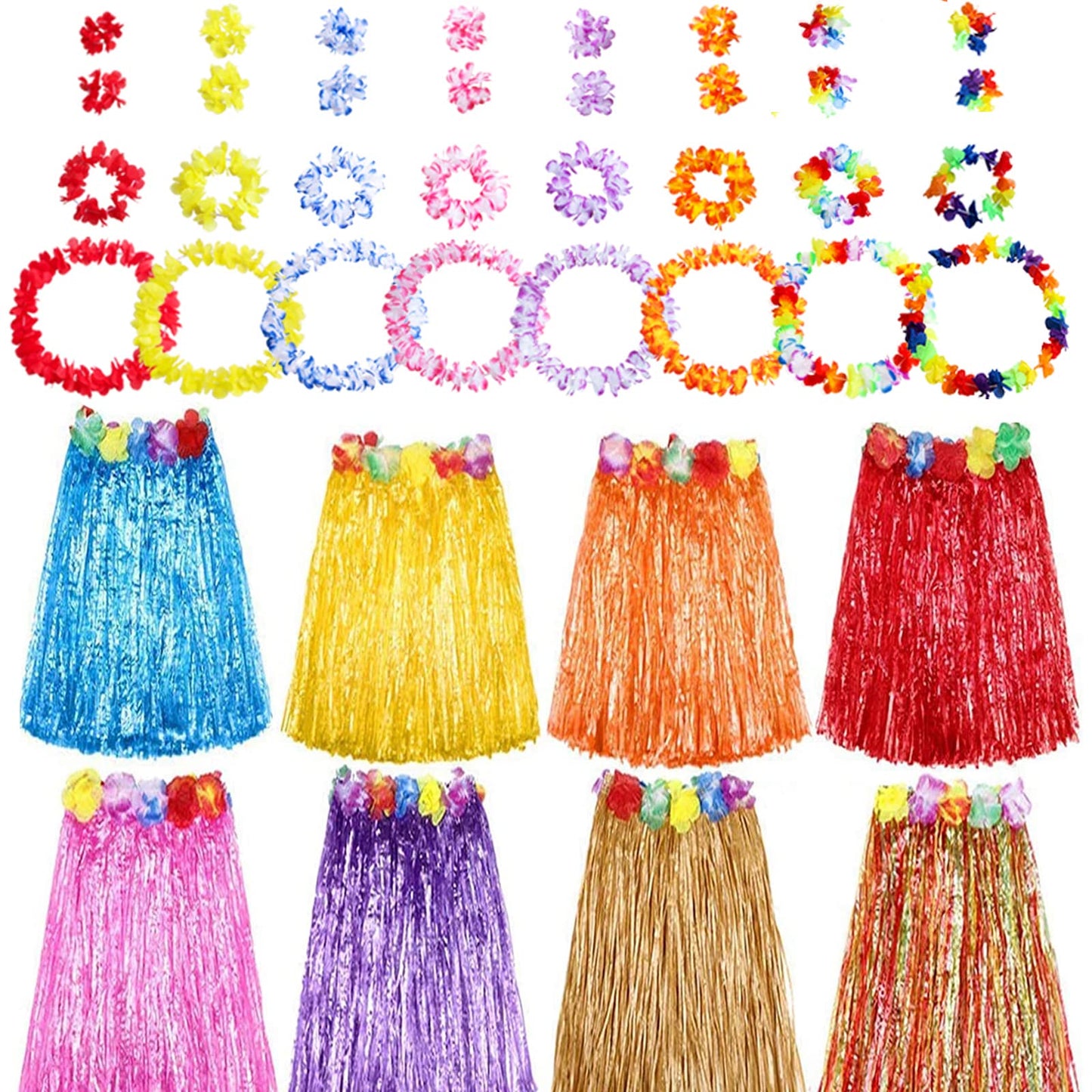 HBell 8 Set 40PCS Hawaiian Grass Skirt Garlands,Hawaiian Leis Bracelet Headband Necklace,Hawaii Luau Skirts Costume Fancy Dress,Only for Teens & Adults Summer Beach Tropical Party Decorations