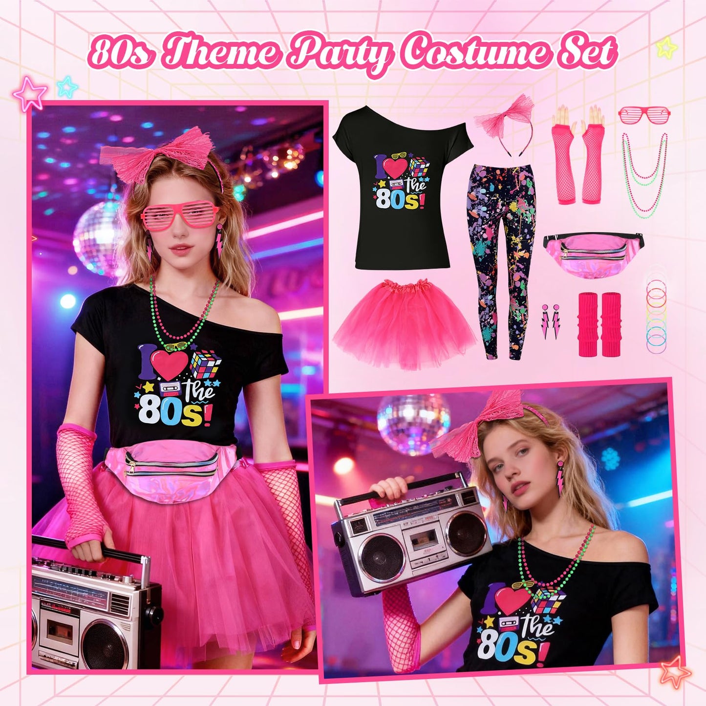 80s Fancy Dress for Women 80s Party Fancy Dress 80s Outfits for Women 1980s Fancy Dress Women Ladies 80s Fancy Dress Womens 80's Costume 80s Outfit 80s Party Costume Set 80s Costumes Accessories, XL