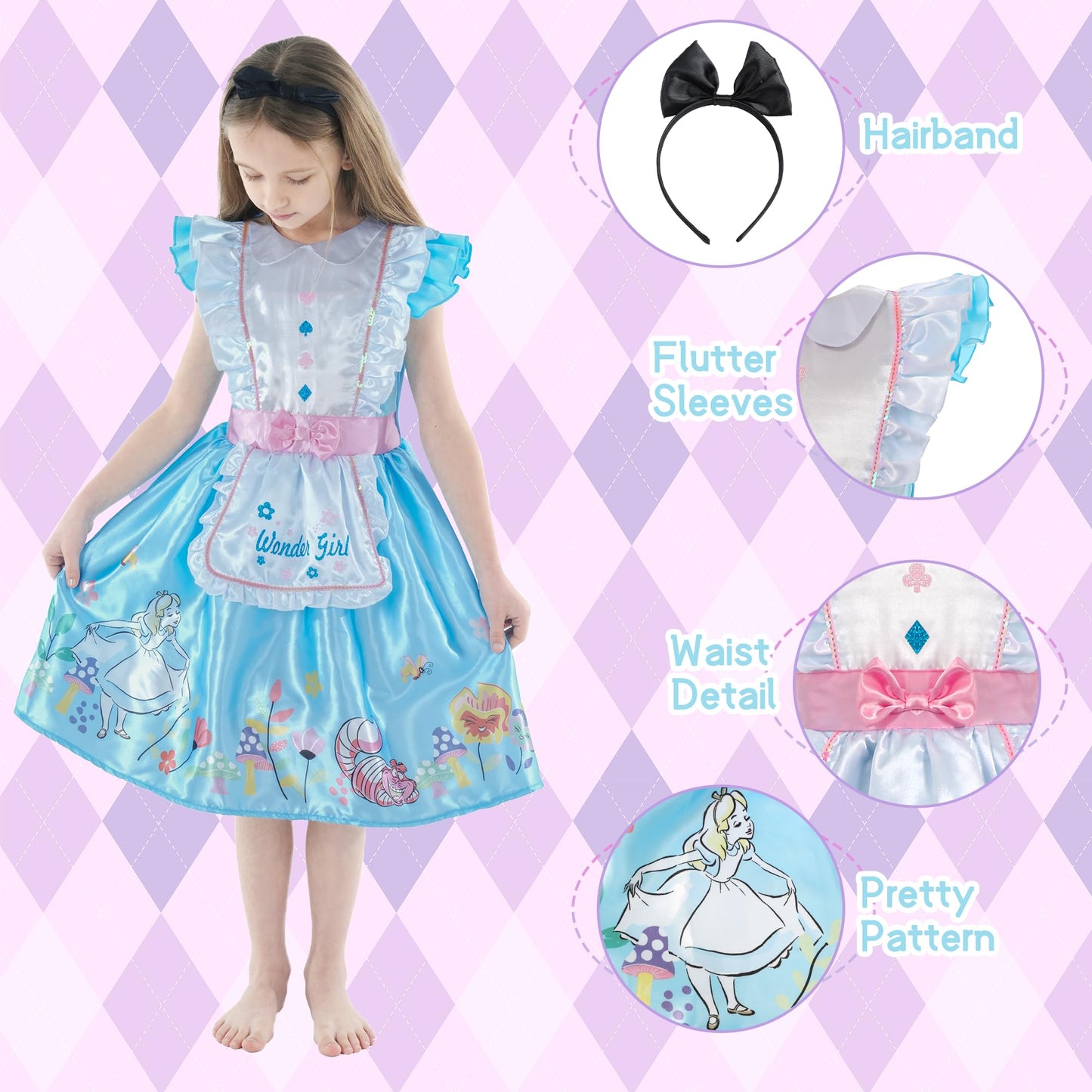 Webeasy Alice Costumes Kids, Alice in Wonderland Costume Set with Hairband for Girls World Book Day Costumes 5-6 Years