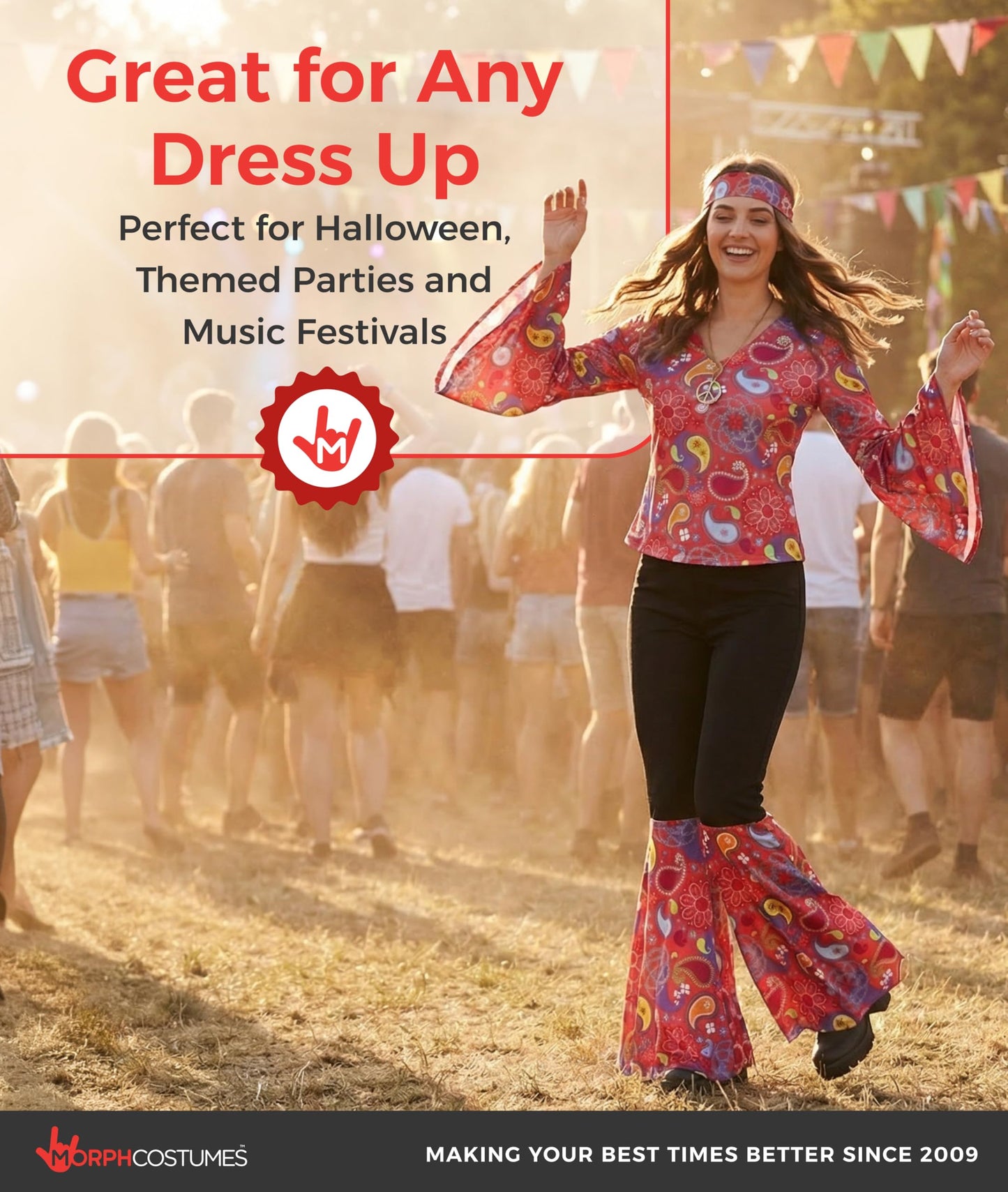 Morph 70s Disco Costume For Women, Hippie Fancy Dress Outfit, 60s Themed Party Attire, Retro Dress For Adults, Medium
