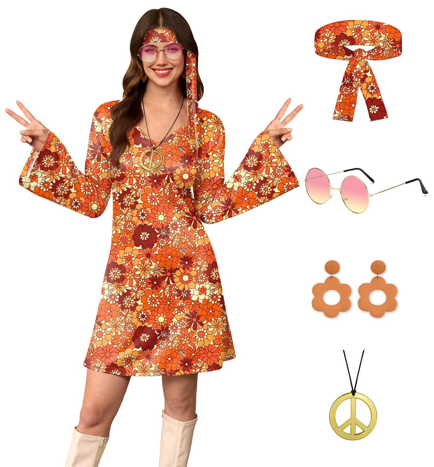 Women's Summer Flare Sleeve Hippie 60s 70s Costume Groovy Retro