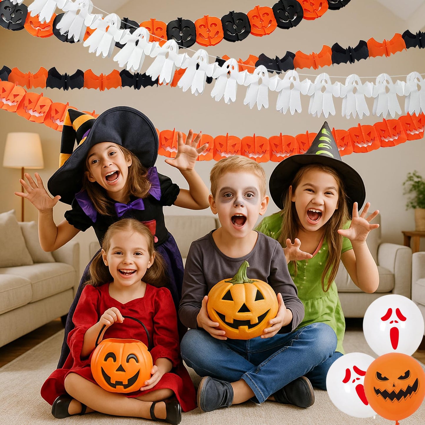 Xyxu Halloween Decorations Indoor Set - Reusable Happy Halloween Decor & Trick or Treat Banners, Ghosts Pumpkin Bat Bunting Garland, Spooky Witch, Skeleton, Spider Hanging Swirl for Party Decorations
