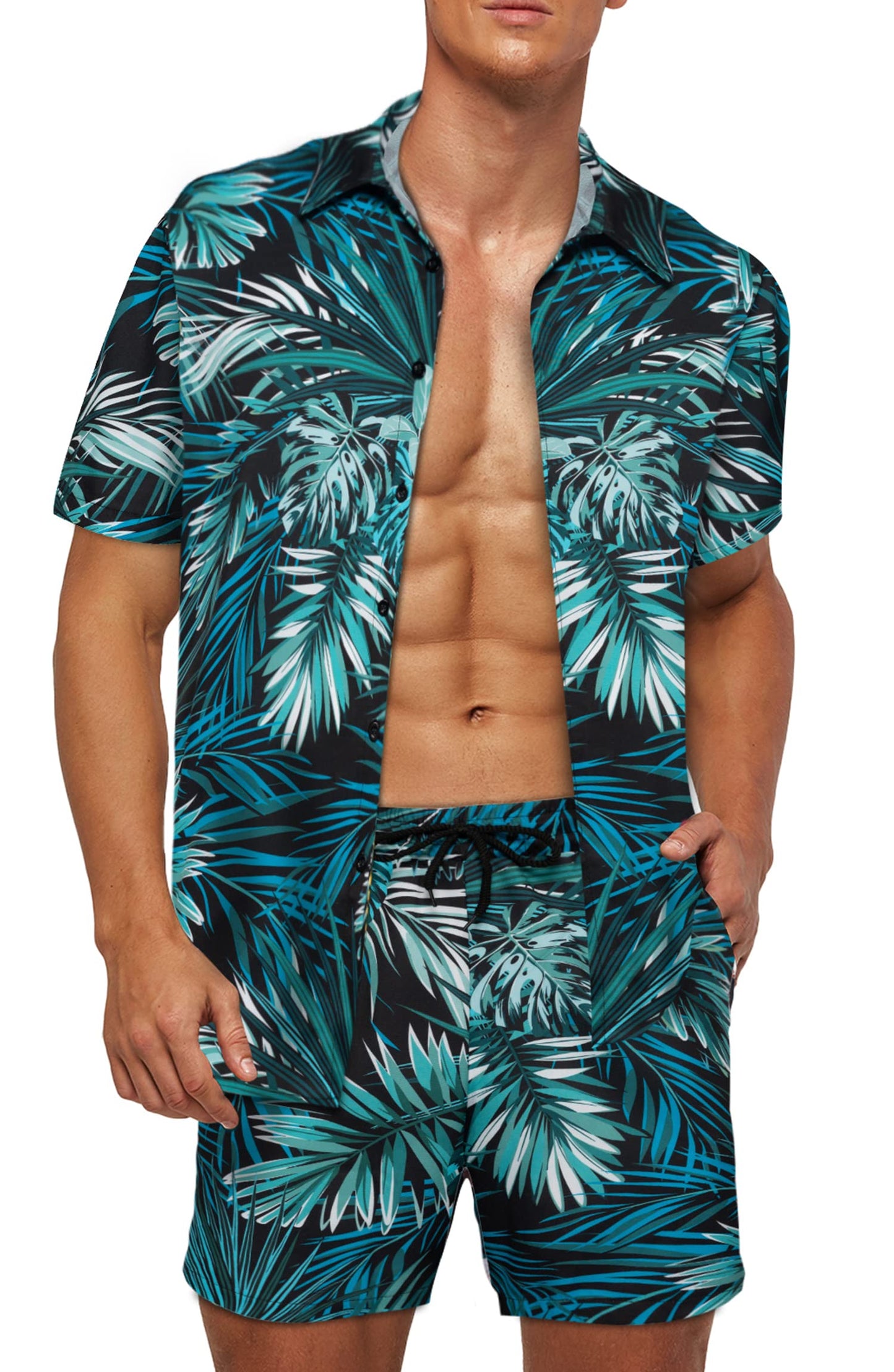 Wirltte Mens Hawaiian Shirt and Shorts Set Tropical Floral Print 2 Piece Outfits Blue Green S