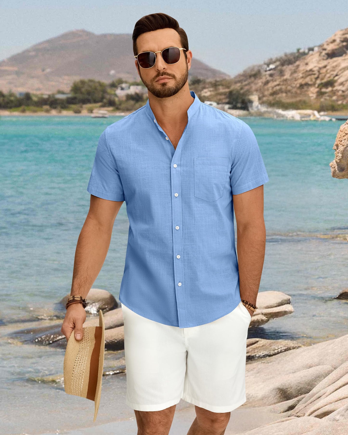 Linen Short Sleeve Shirts Men Grandad Collar Button Down Casual