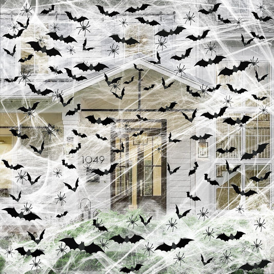 Super-stretch Halloween spider web covering 1200 sqft with 120 bats and 50 spiders