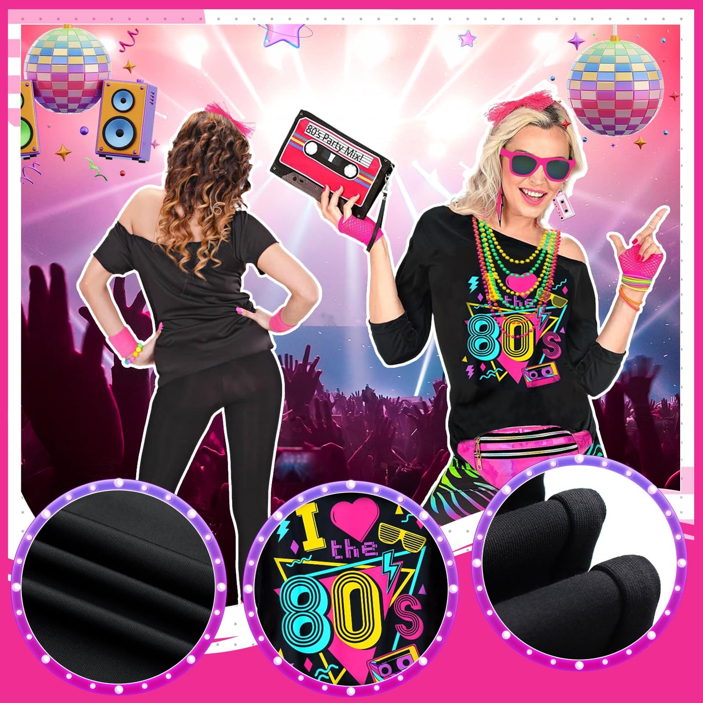 80s Fancy Dress Accessories for Women, Including T-Shirt Tutu Skirt Bumbag Leg Warmers Gloves Glasses Headband Earrings Necklace Bracelets 1980s Costume Outfits for Ladies Girls Hen Party