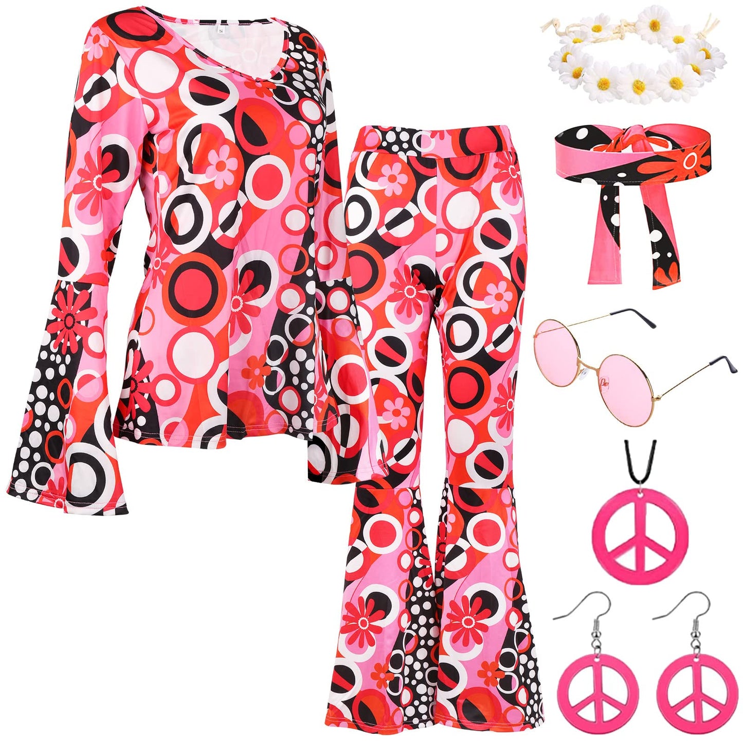 YADODO 60s 70s Fancy Dress Women Disco with Hippie Costume Flared Trousers Clothes Hippy Accessories Fancy Dress for Women Adult 1970s 1960s 70 Style Ladies Pink Flower Power