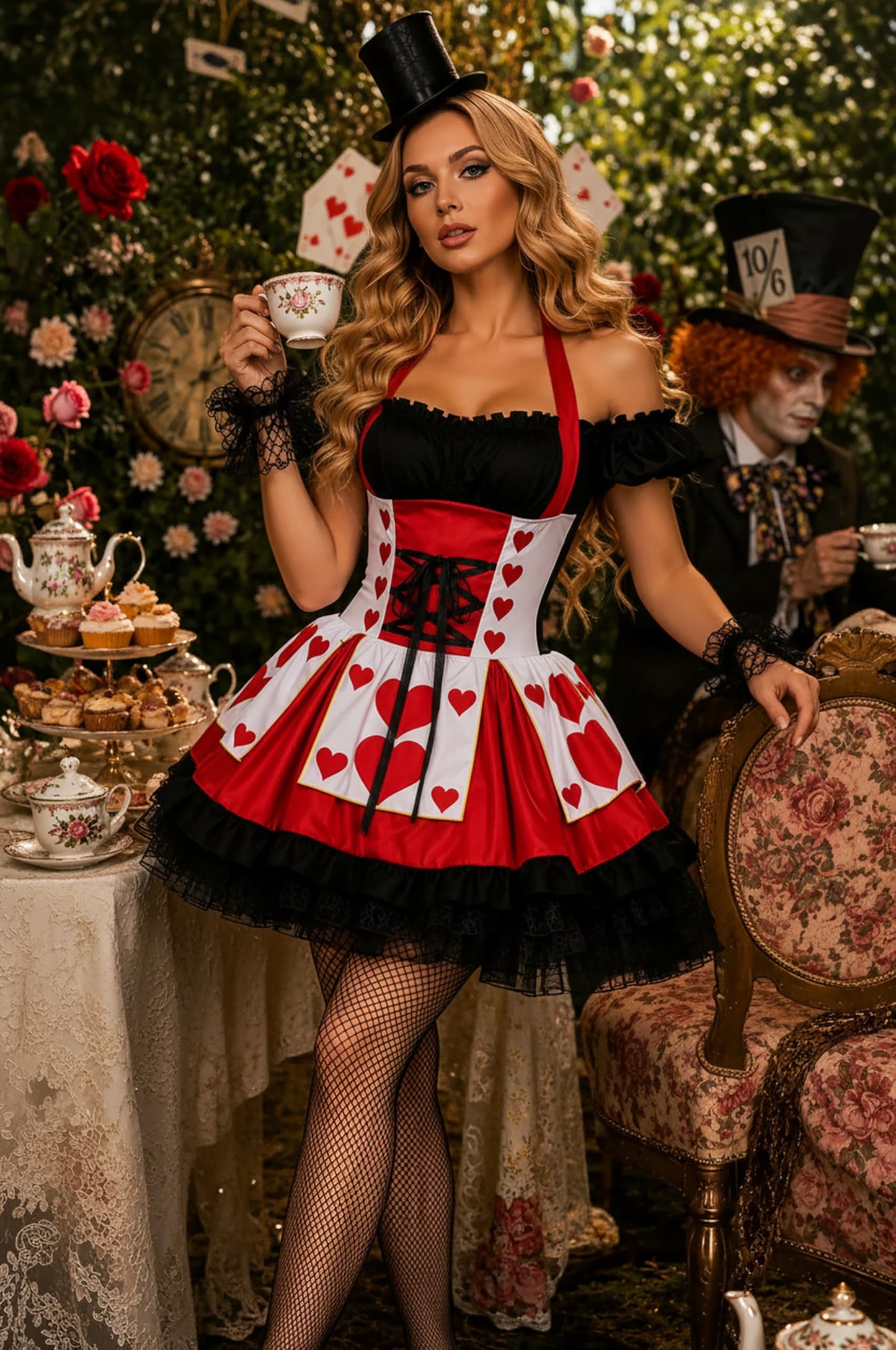 Yummy Bee Queen of Hearts Costume Women Alice in Wonderland Costume Adult Halloween Fancy Dress Red Queen Outfit Plus Size UK 6-22 (12-14)