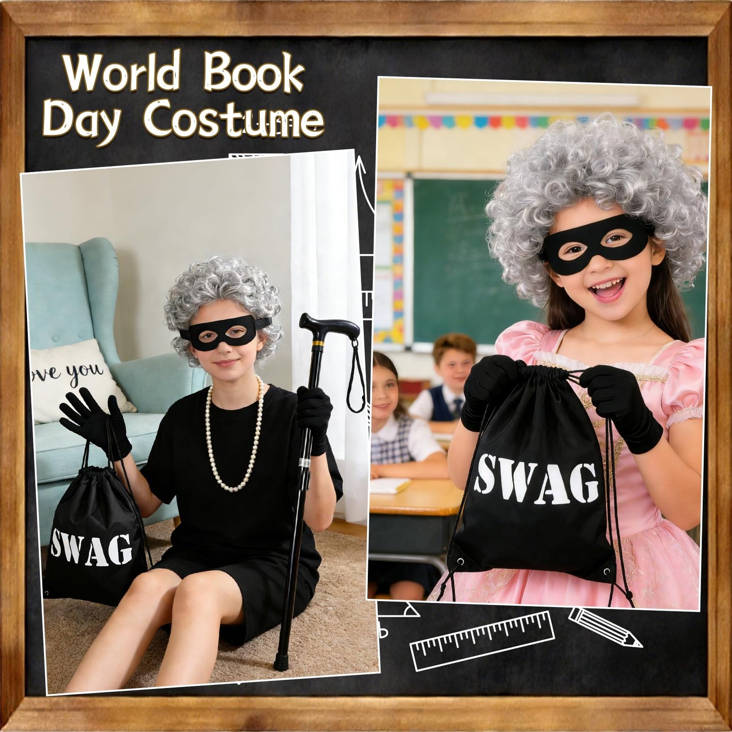 gyoyede Gangster Granny Costume Set,World Book Day Costumes for Teens 2026 - Grey Wig, Robber Eye Mask, Swag Bag, Pearl Necklace and Cane for Storybook WBD Fancy Dress Up Cosplay Party Accessories