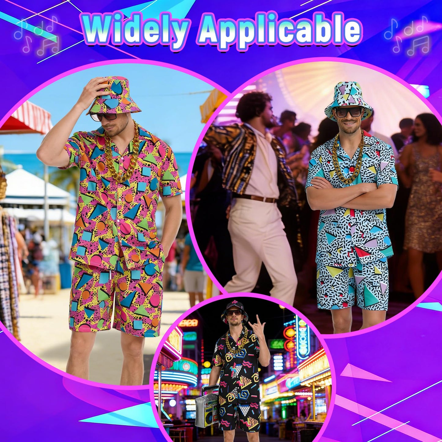 HZVRTN 80s Fancy Dress Men Hip-Hop T-Shirts And Shorts Set, 7Pcs Retro 80s 90s Hip-Hop Sportswear, Shell Suit Mens Fancy Dress Costume for Beach Party, Music Festival, Carnival, Disco (Black, L)