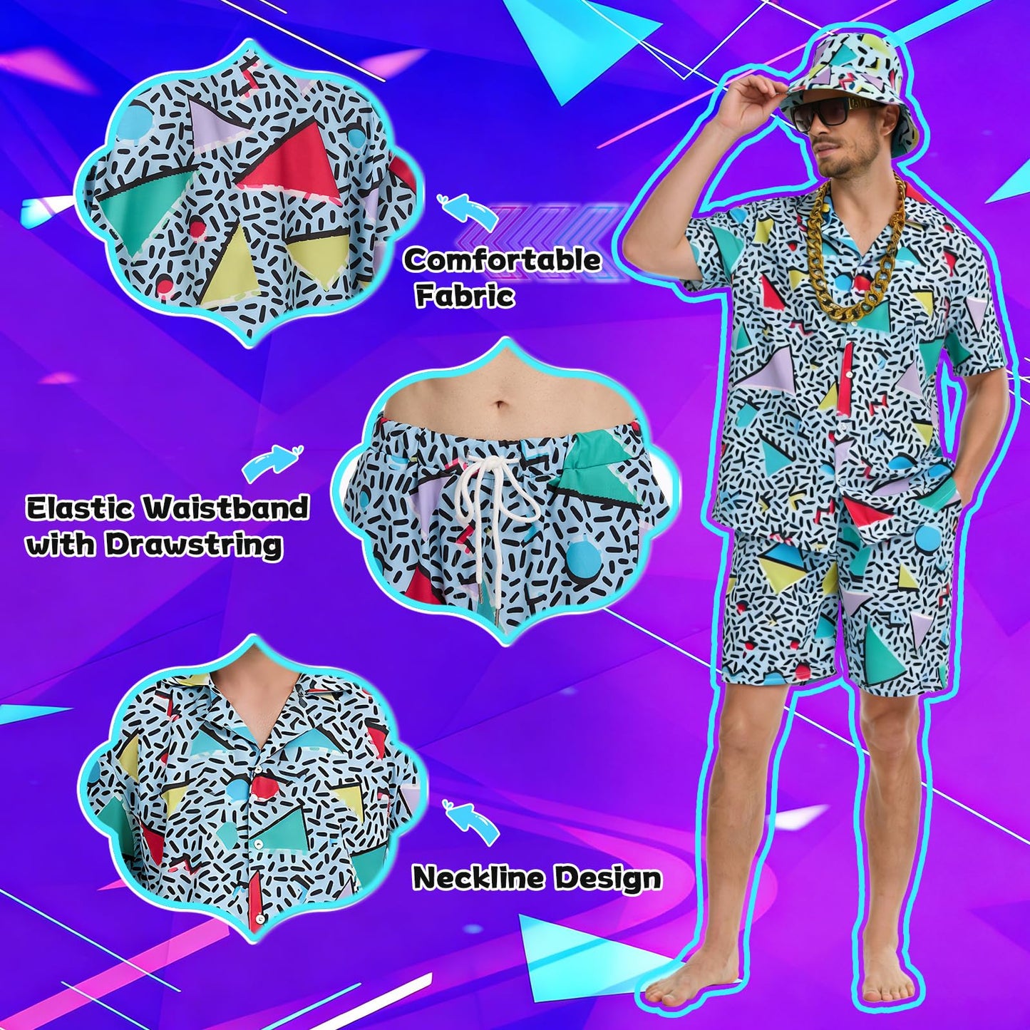 HZVRTN 80s Fancy Dress Men Hip-Hop T-Shirts And Shorts Set, 7Pcs Retro 80s 90s Hip-Hop Sportswear, Shell Suit Mens Fancy Dress Costume for Beach Party, Music Festival, Carnival, Disco (Green, L)