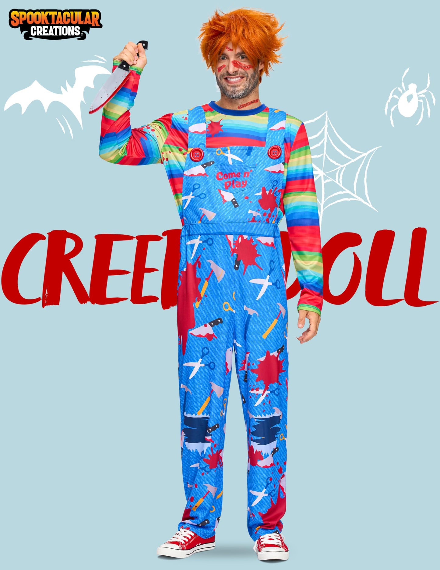 Spooktacular Creations Men Creepy Doll Costume, Horrible TV-Series Serial Killer Costume with Top and lederhosen for Horror Halloween Costumes Role Play-M