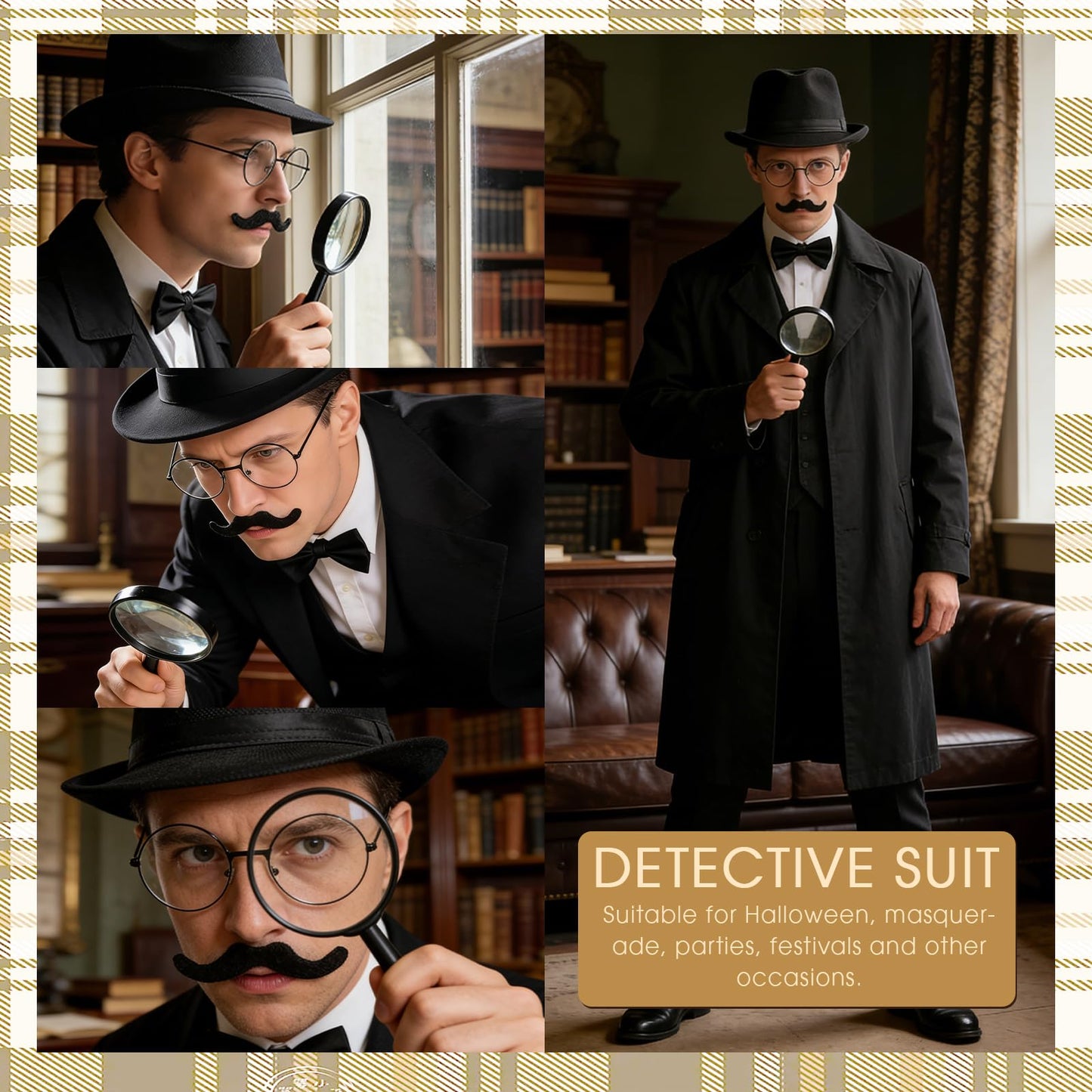 GYIOFAI 5 Pcs Adults Detective Costume Accessories Set, Detective Fancy Dress Kit with Hat Fake Mustache Bow Tie Black Frame Glasses Magnifier, for Halloween Cosplay Carnival Word Book Day (Black)