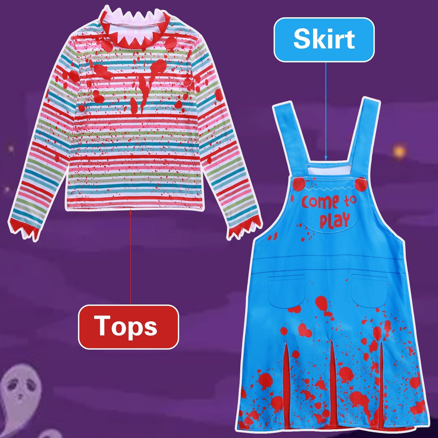 Antsparty Chucky Costume, Halloween Creepy Doll Costume Set with Striped Tops Skirts Socks Stickers, Horror Evil Doll Costumes for Halloween Cosplay