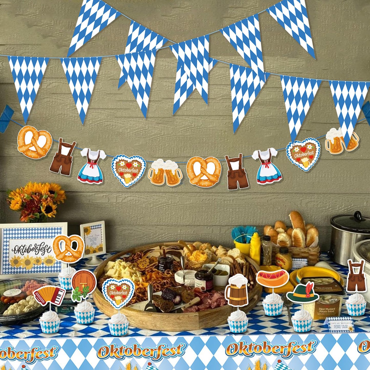 AYNKH Bavaria Oktoberfest Party Decoration Sets, Oktoberfest Blue White Banners Pennant Tablecloth Napkins Cake Topper Festival Supplies for German Beer Party