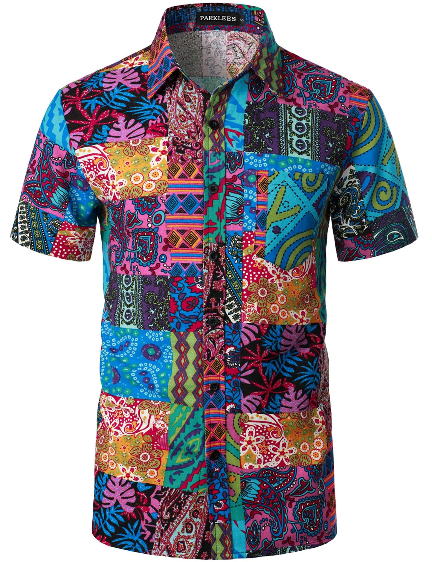 PARKLEES Men's Linen 70s Hippie Style Floral Print Shirt Short Sleeve Button Down Hawaiian Shirts Blue Pink Large