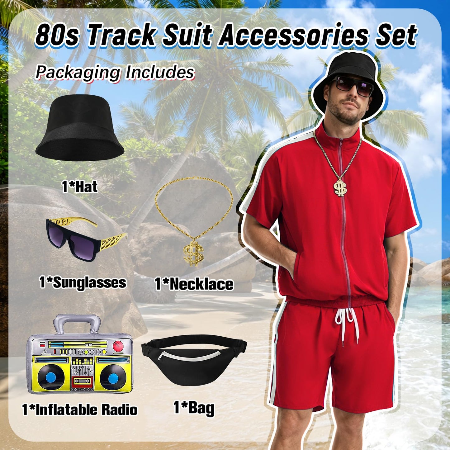 Crubelon 80s 90s Hip Hop Costume Set for Men, Rapper Tracksuit Outfit with Accessories, Retro Street Dance Party Fancy Dress, Stand Collar Jogging Suit (Rot, XXL)