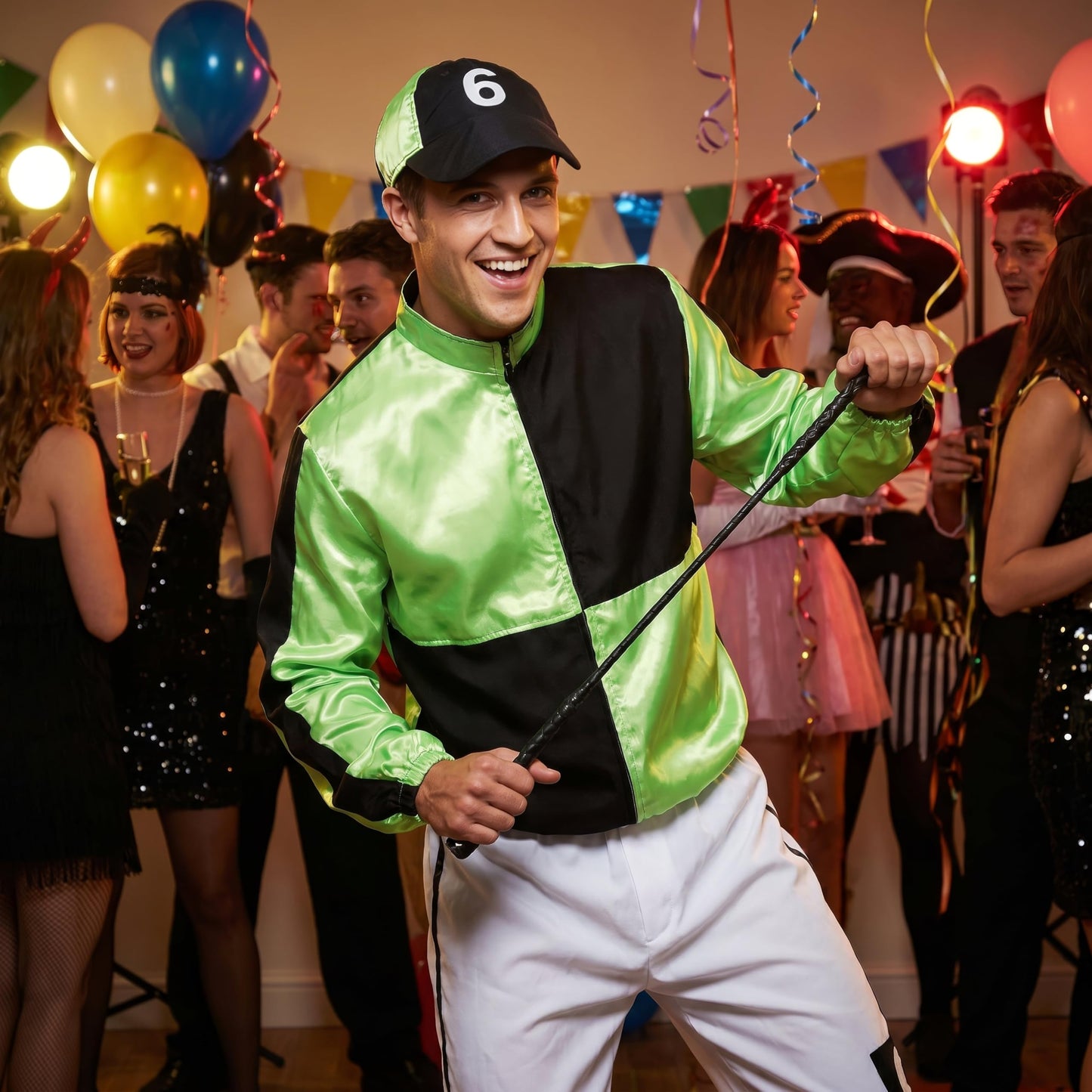 HENBRANDT Adult Men’s Green and Black Horse Jockey Outfit with Peaked Hat and Boot Covers Sports Fancy Dress Costume Racing Jockey Dress Up Outfit One Size Mens Fancy Dress Costume