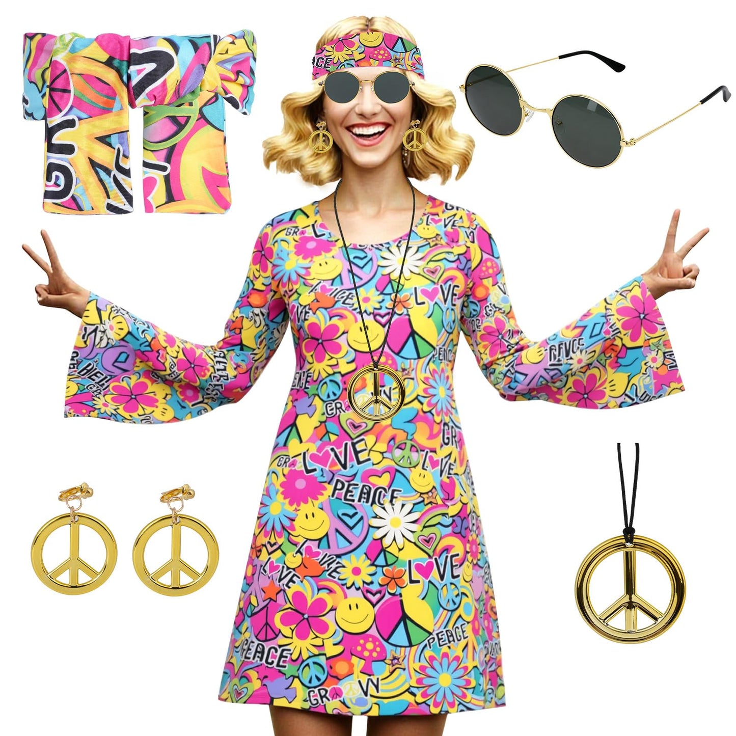 AYBUY Women’s Hippie Dress, 60s 70s Fancy Dress Women Disco Outfit with Necklace, Earrings, Sunglasses and Band, 1960s 1970s Retro Hippy Clothes for Halloween Carnival Cosplay Party, M (Style A
