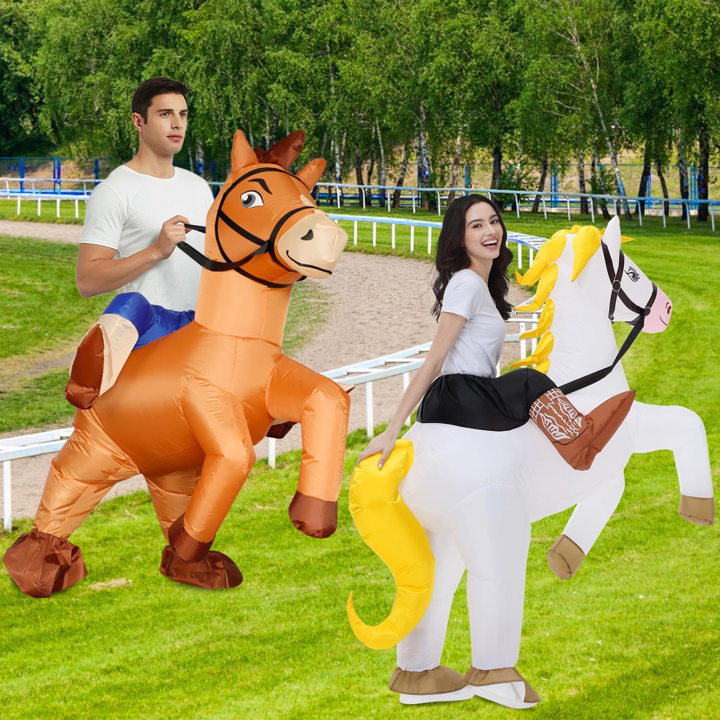 Poptrend Couple Inflatable Horse Costume for Adult, New Ride on Horse Blow Up Costume for Double Men Women Halloween Cosplay Party