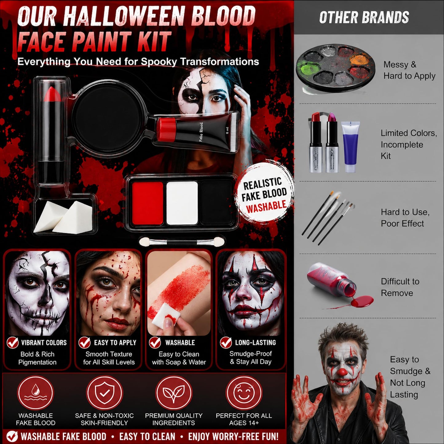 SFX Makeup Kit, Halloween Face Paint Kit, White Black Red Face Paint Halloween Makeup, Washable Fake Blood, Face Painting Kit for Halloween, Cosplay, Costume, Theme Parties (Face Paint Kit)