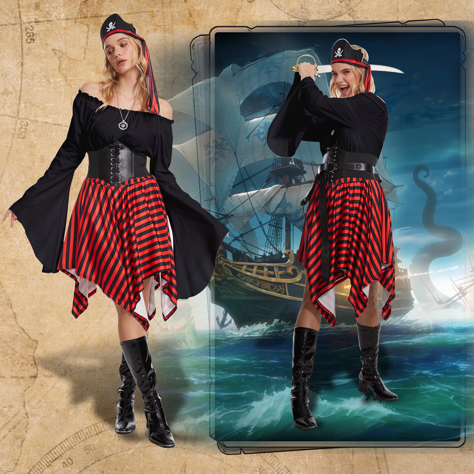 Pirate Costume for Adult Women with Waist Belt - Headscarf - Eye (image 6)