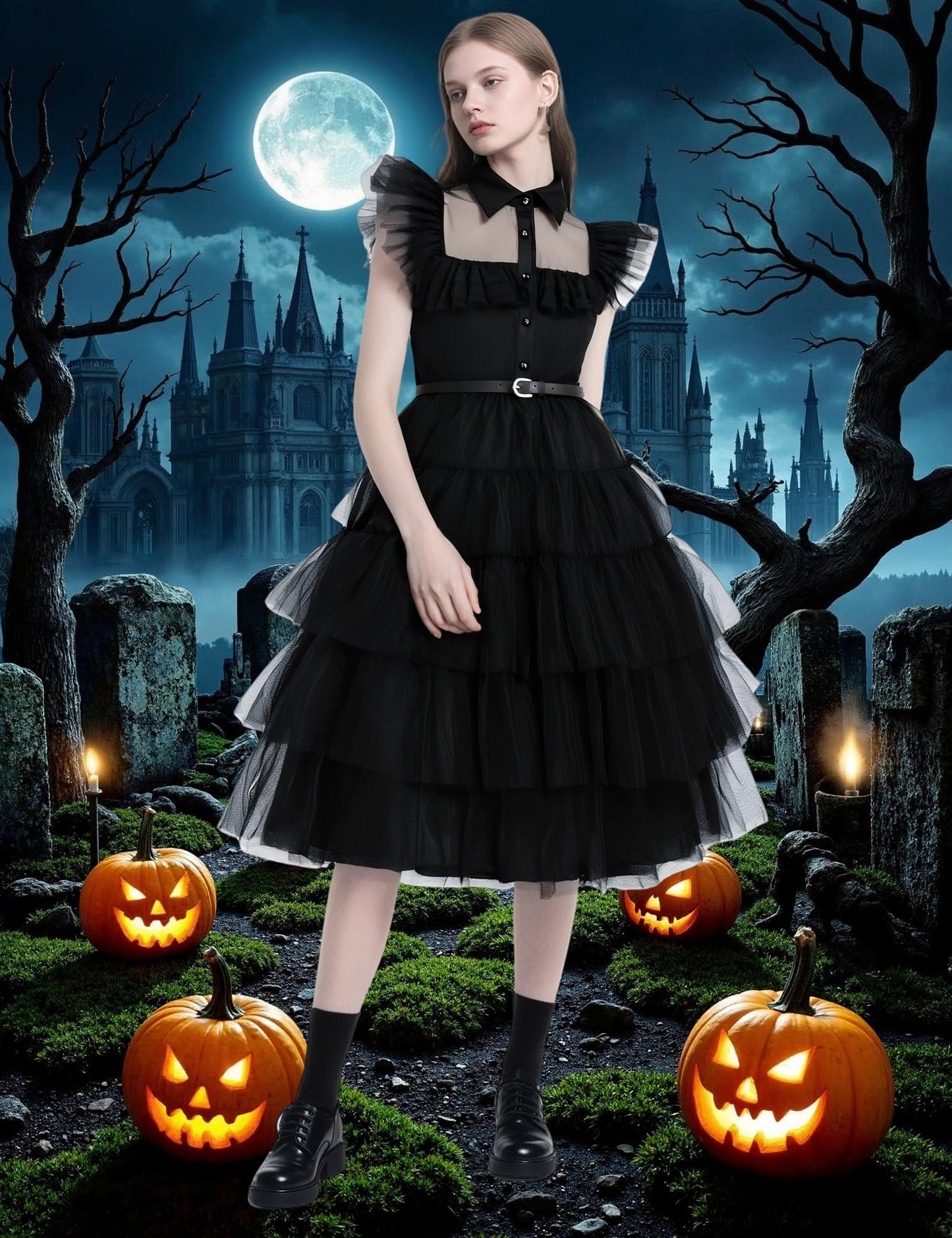 Enenblau Wednesday Addams Costume Women's Ball Gown Black Tulle Dance Dress Gothic Style Halloween Costume Set Including Knee Stockings, Chain, Hair Clip EB003XL