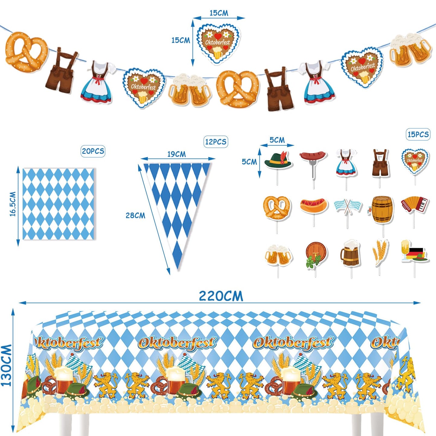 AYNKH Bavaria Oktoberfest Party Decoration Sets, Oktoberfest Blue White Banners Pennant Tablecloth Napkins Cake Topper Festival Supplies for German Beer Party