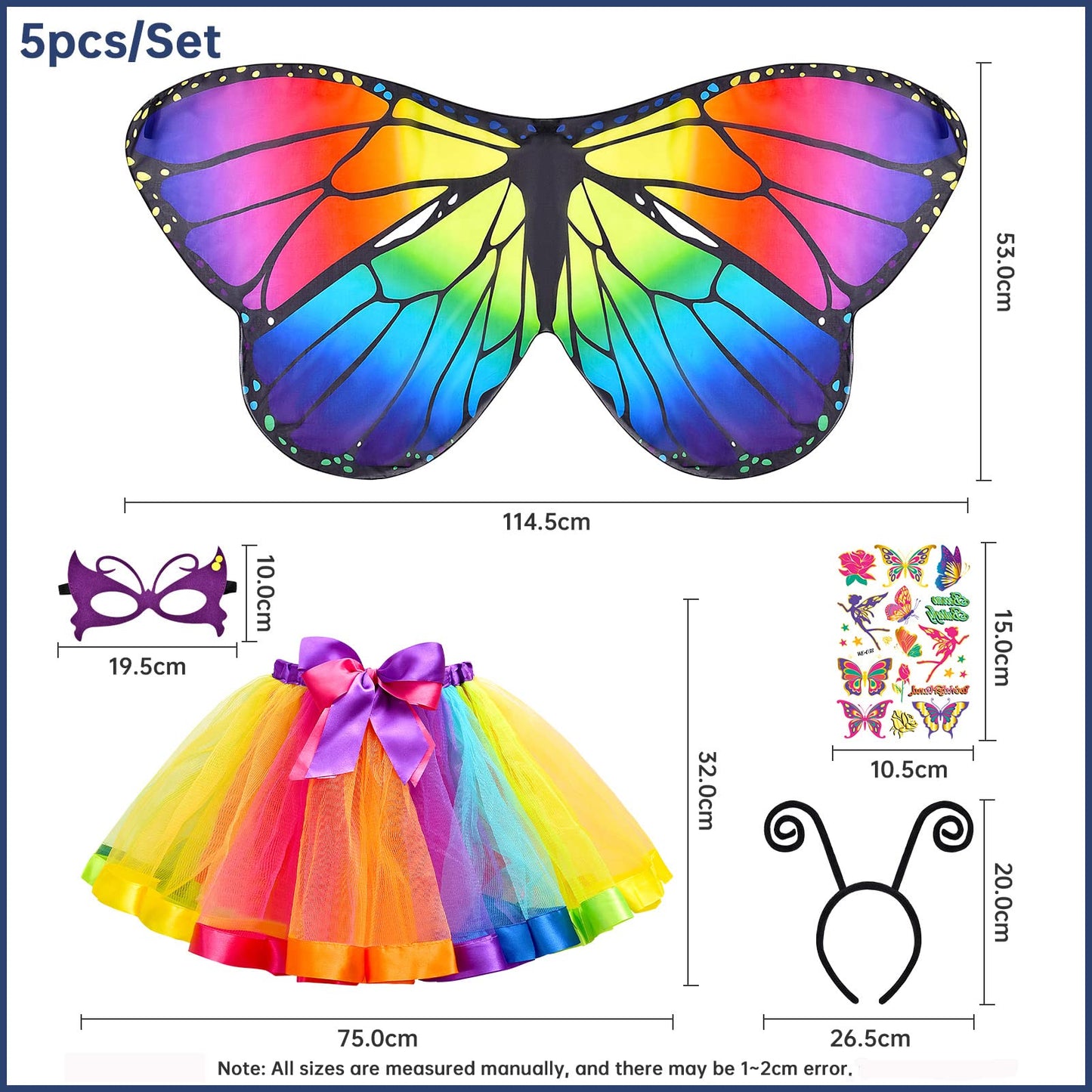 Tacobear Kids Butterfly Costume for Girls with Butterfly Wings Tutu Skirt Headband Mask Tattoos Butterfly Dress Up Cosplay Set Carnival Halloween Costume (Colorful)