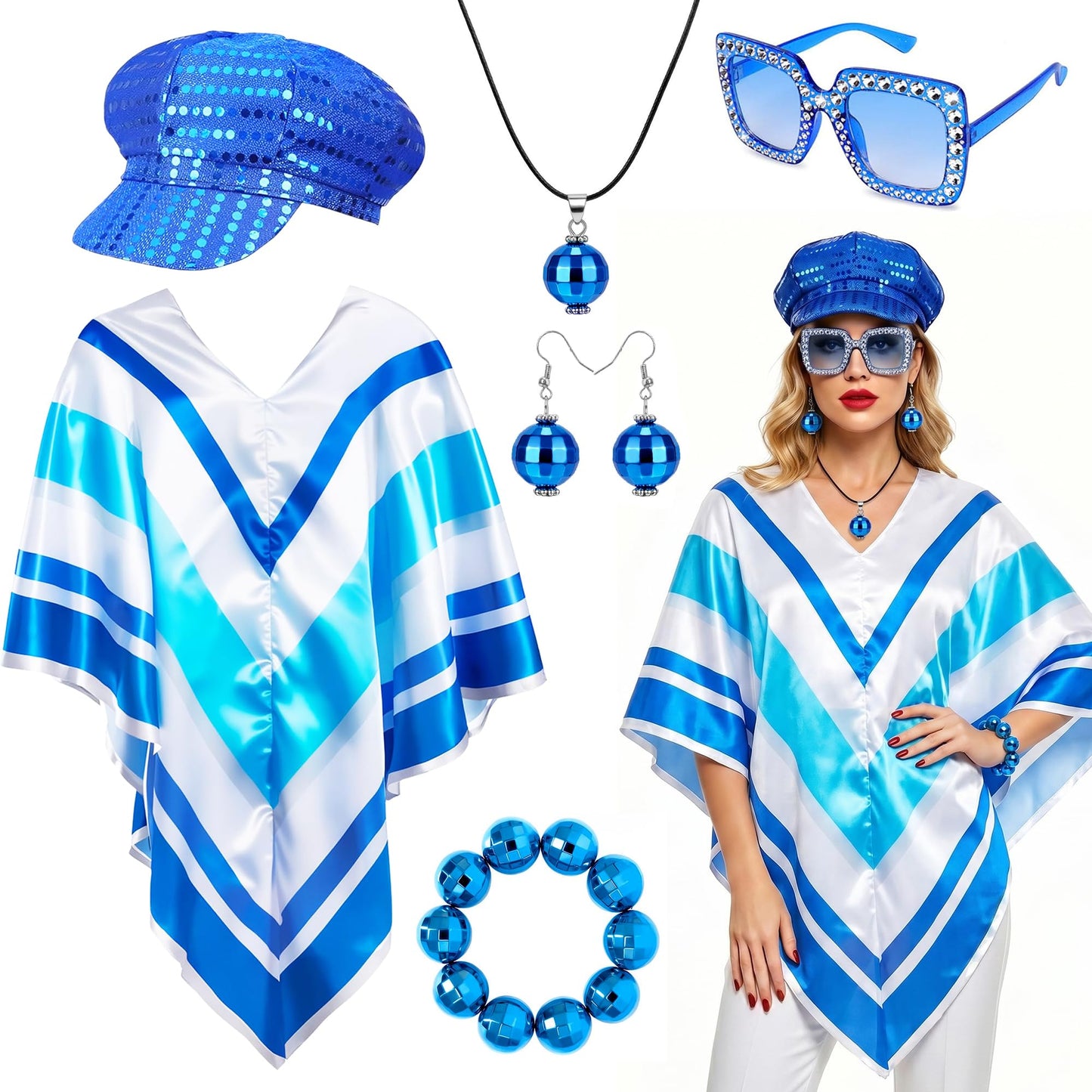 ABBA Outfits for Women - 70s Disco Fancy Dress Set with Pop Poncho