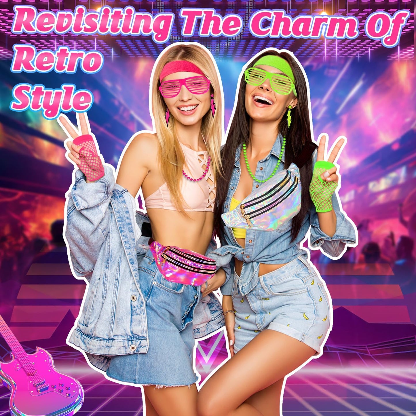80s Fancy Dress for Women Neon Pink Outfit Set - 1980s Mesh Top Holographic Bum Bag Leg Warmers Fishnet Gloves Glasses Jewellery Ladies Retro Disco Hen Party Festival Costume Accessories (Rose Red)