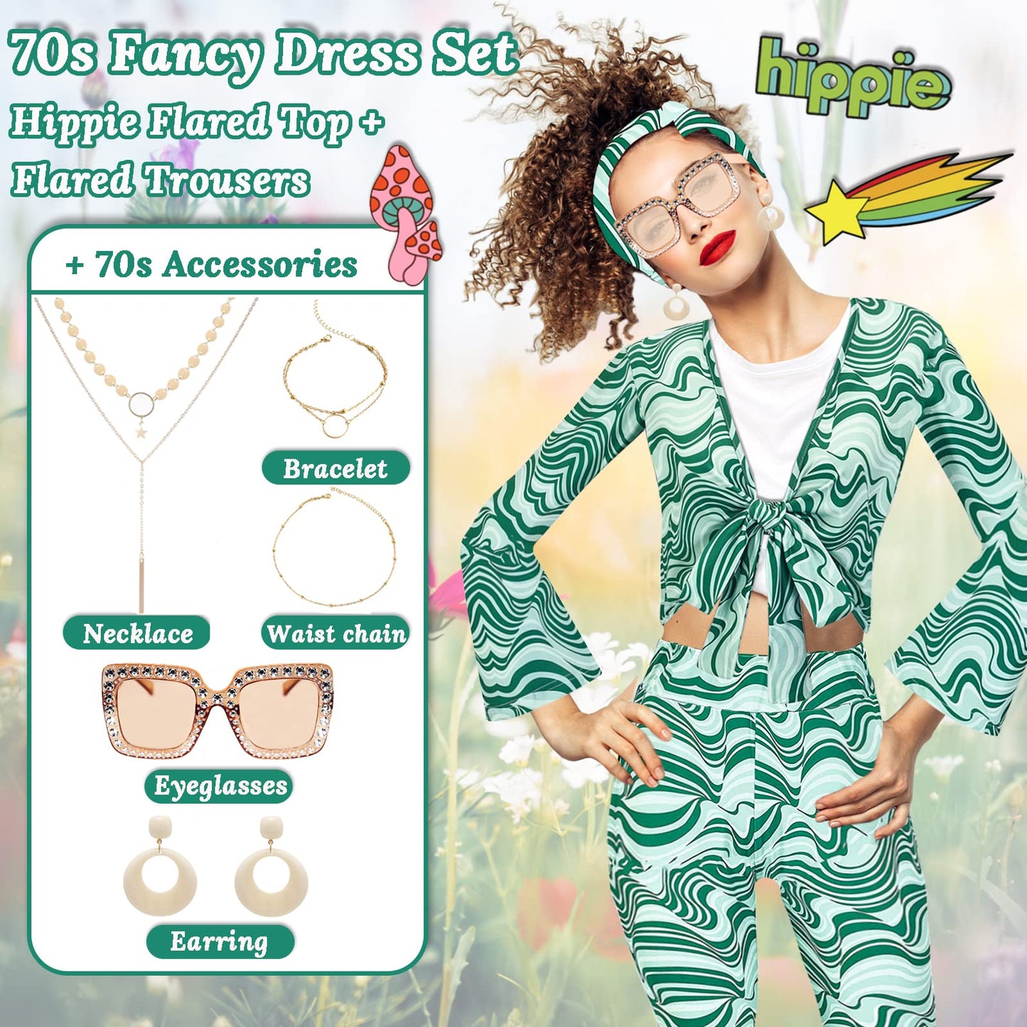 60/70s Disco Fancy Dress for Women, 1970s Hippie Costume Outfit with Flared Top Trousers Headband Necklace Earrings Bracelet Waist Chain Glasses Hippy Style Clothes for Ladies Dress Up Retro Party