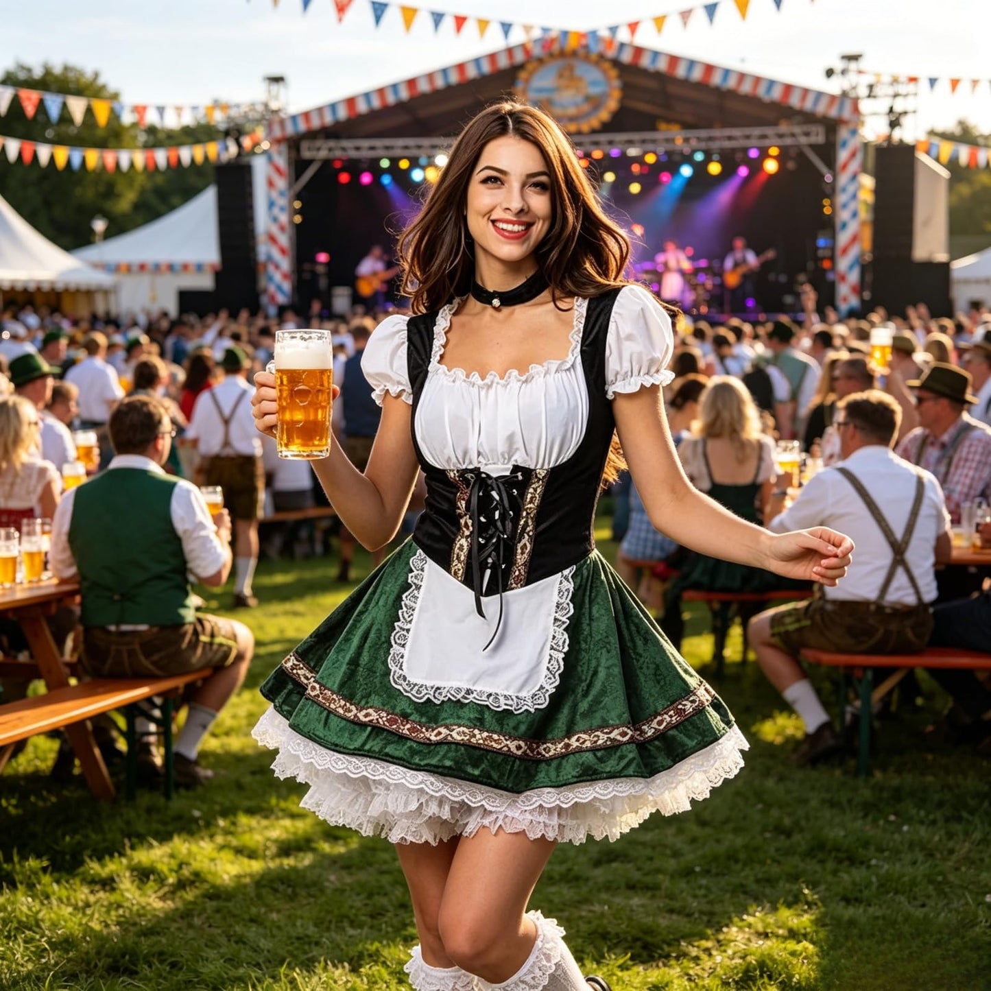 maxToonrain Oktoberfest Outfit Women Puff Sleeve Velvet Bavarian Beer Maid Dress with Foral Embroidery, Lace Trim, Apron & Choker for Halloween, Themed Parties & Beer Festivals (Olive Green, S)