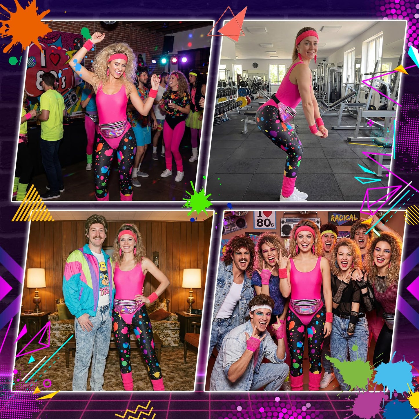 QYCHHJ 80s Fancy Dress for women 80s Costume Outfits 90s Retro Accessories Set for Girls 1980s Workout Costume Fancy Dress Party Kits Adult Aerobics Outfit Yoga Jumpsuit Leotard Legging Headband L