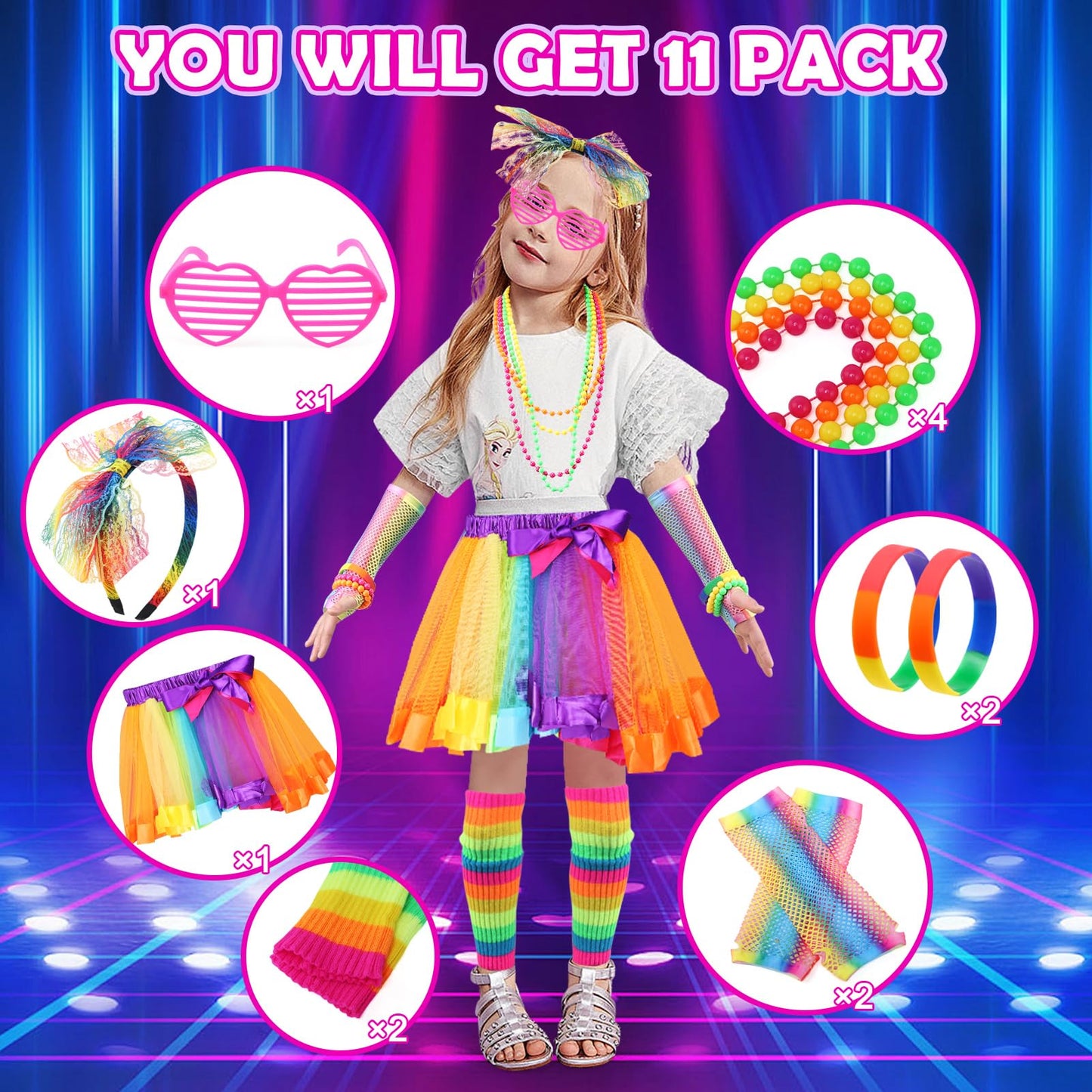 Ballery 80s Fancy Dress for Kids Girls, 1980s Retro Costume Outfits Accessories Set Includes Tutu Skirt Necklace Leg Warmers Gloves Earrings Lace Headband Glasses Bracelets Hair Ties